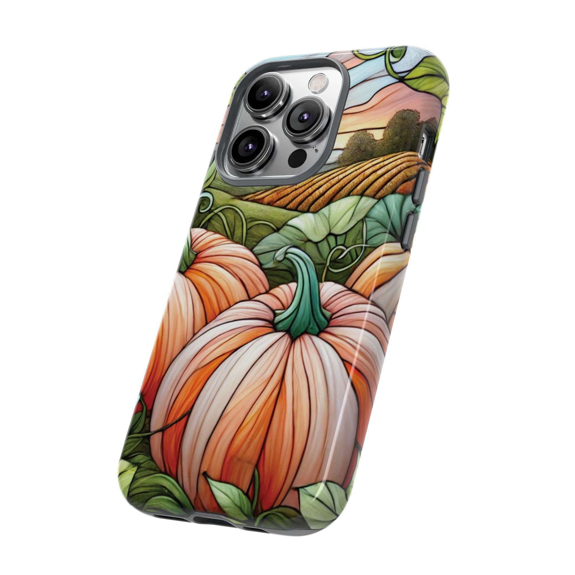 Pumpkins Phone Case Fall Faux Stained-Glass Thanksgiving Cover Pumpkin Lovers Gift for Galaxy S 24 23 22 21 Pixel 5 6 7 8 iPhone 17 , 16 15 14 13 12 Samsung iPhone Samsung Gift for Her