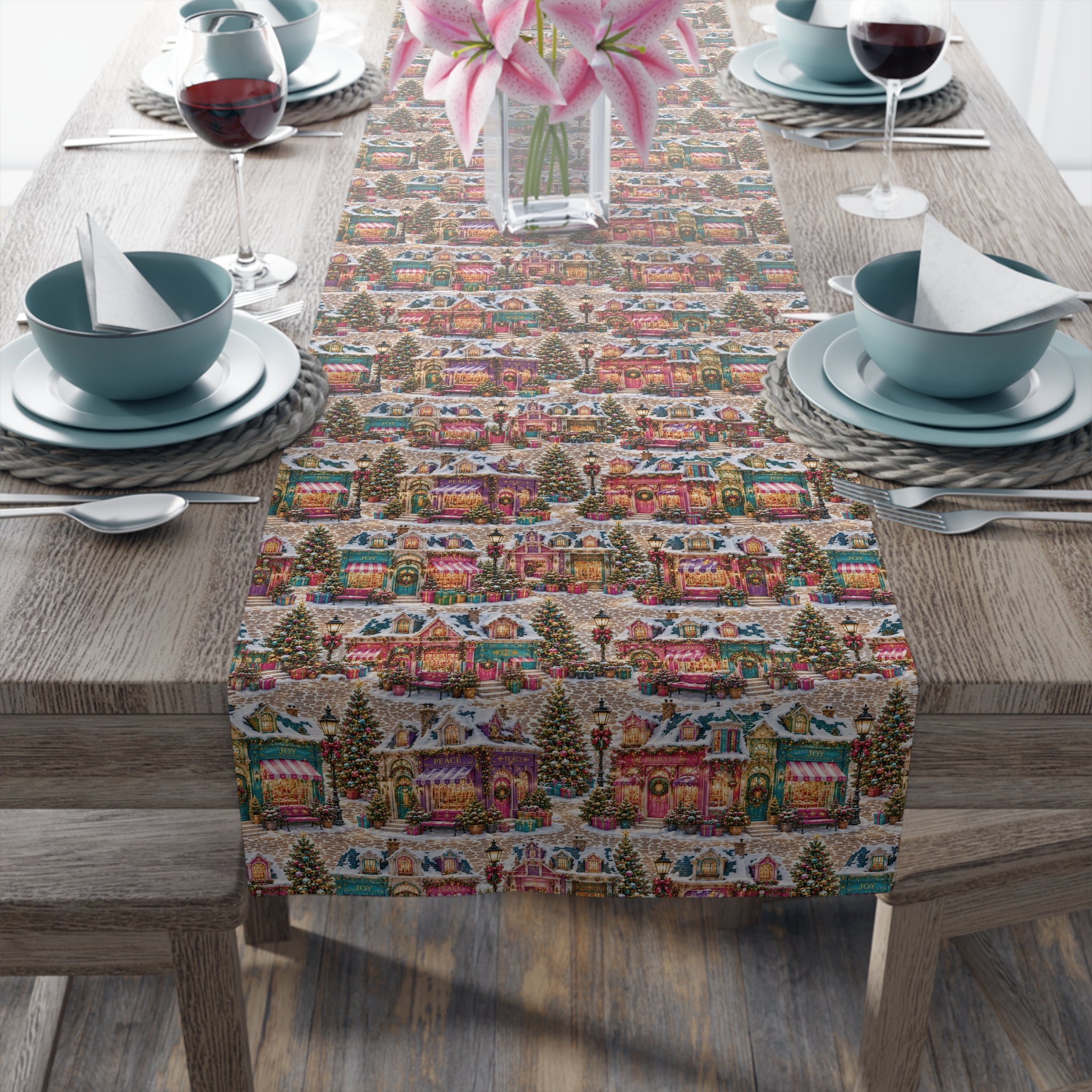 Vintage Christmas Village Table Runner Holiday Perfect Runner Village Scene Cottage