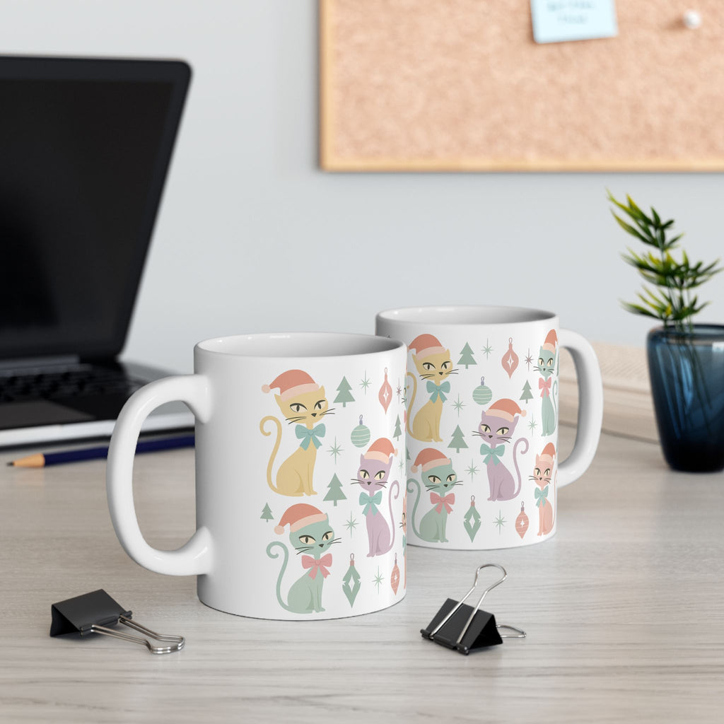 Mug Chat Atomique Pastel, Tasse à Café Rétro Moderne du Milieu du Siècle, Motif Chat Vintage avec Nœud Coquette, Mug en Céramique 11oz & 15oz pour Amoureux des Chats