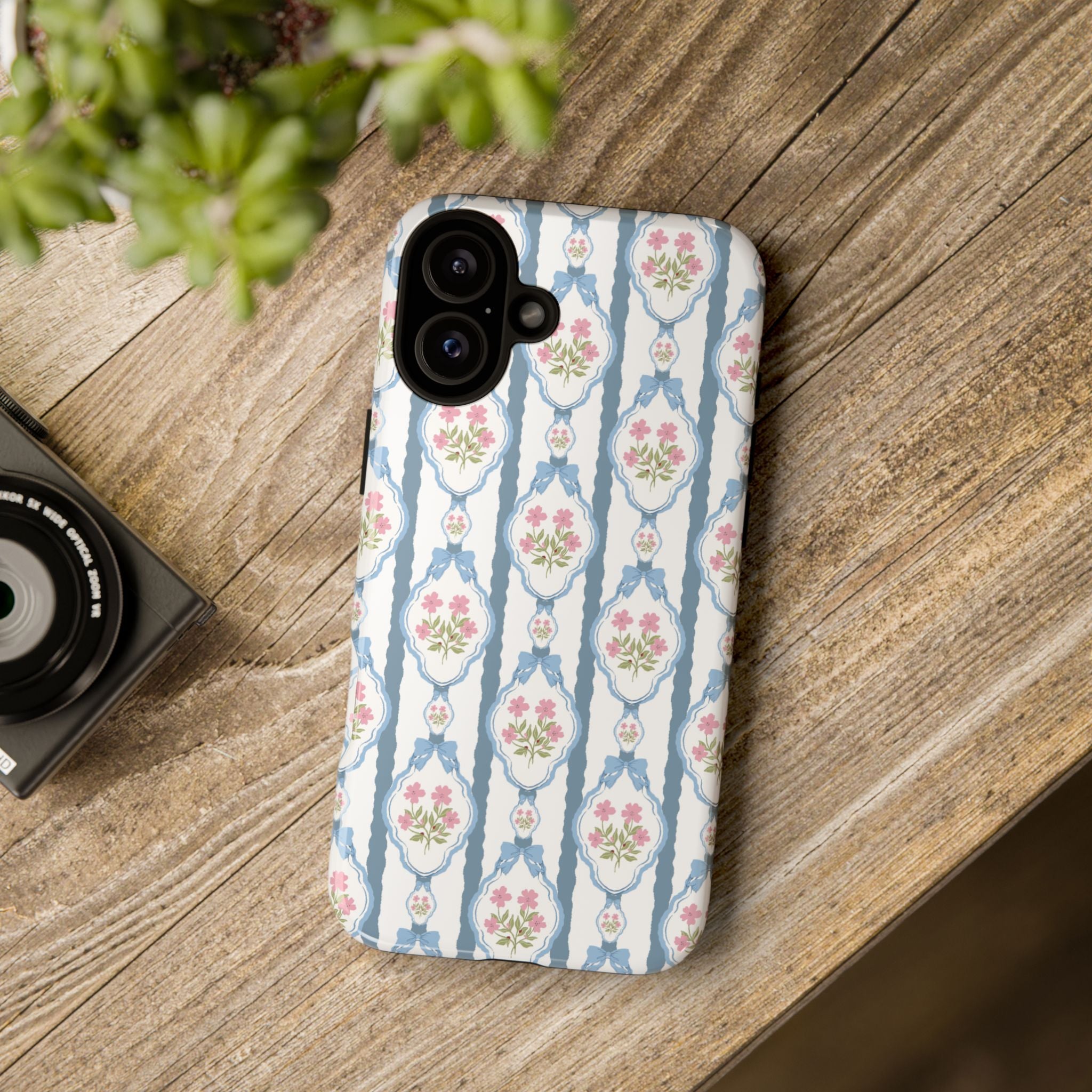Coque de téléphone Vintage Nœud Bleu et Rose — Motif floral romantique « Tough Cases »