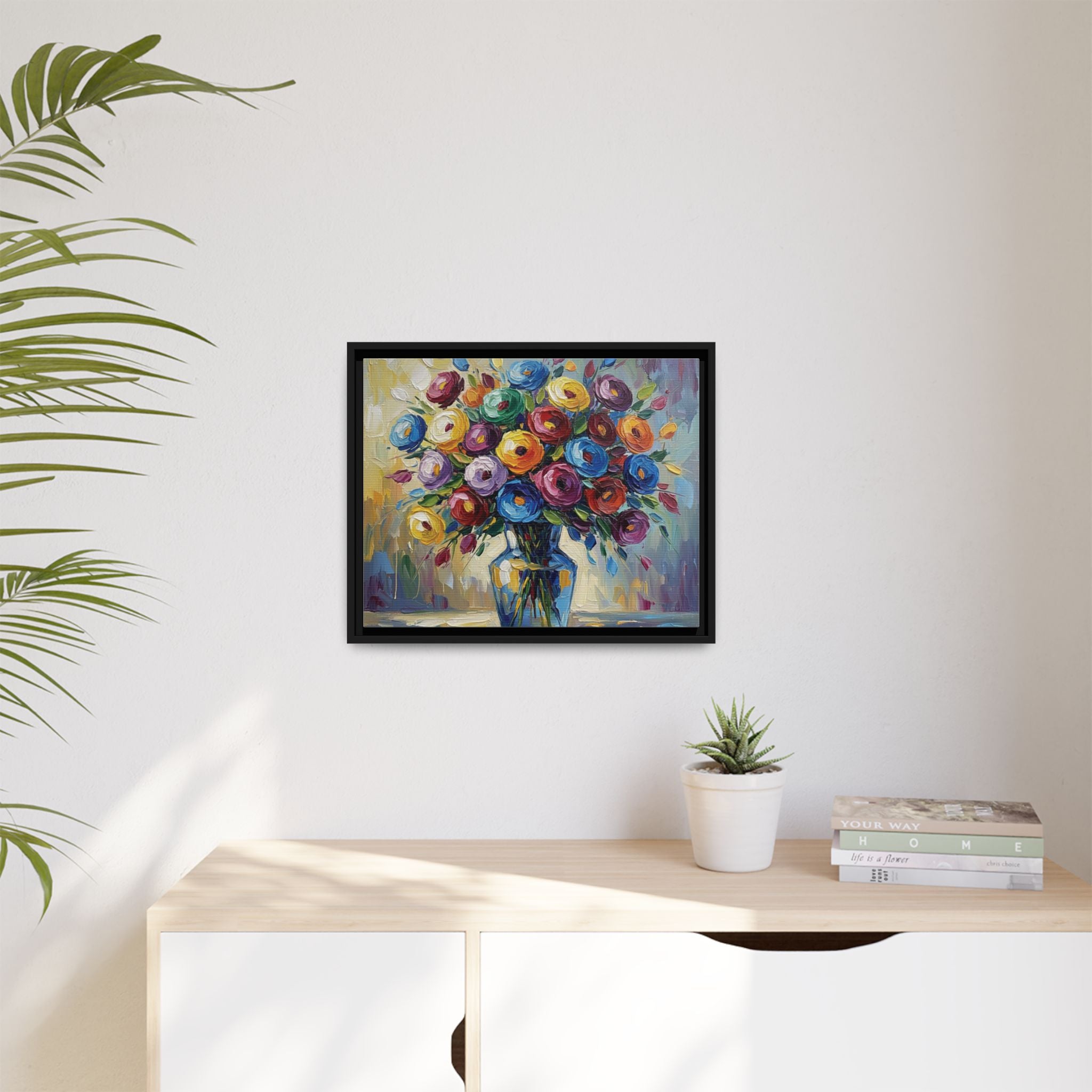 Impression sur toile bouquet floral aquarelle - Tableau mural encadré mat - Illusion de peinture à l'huile vibrante