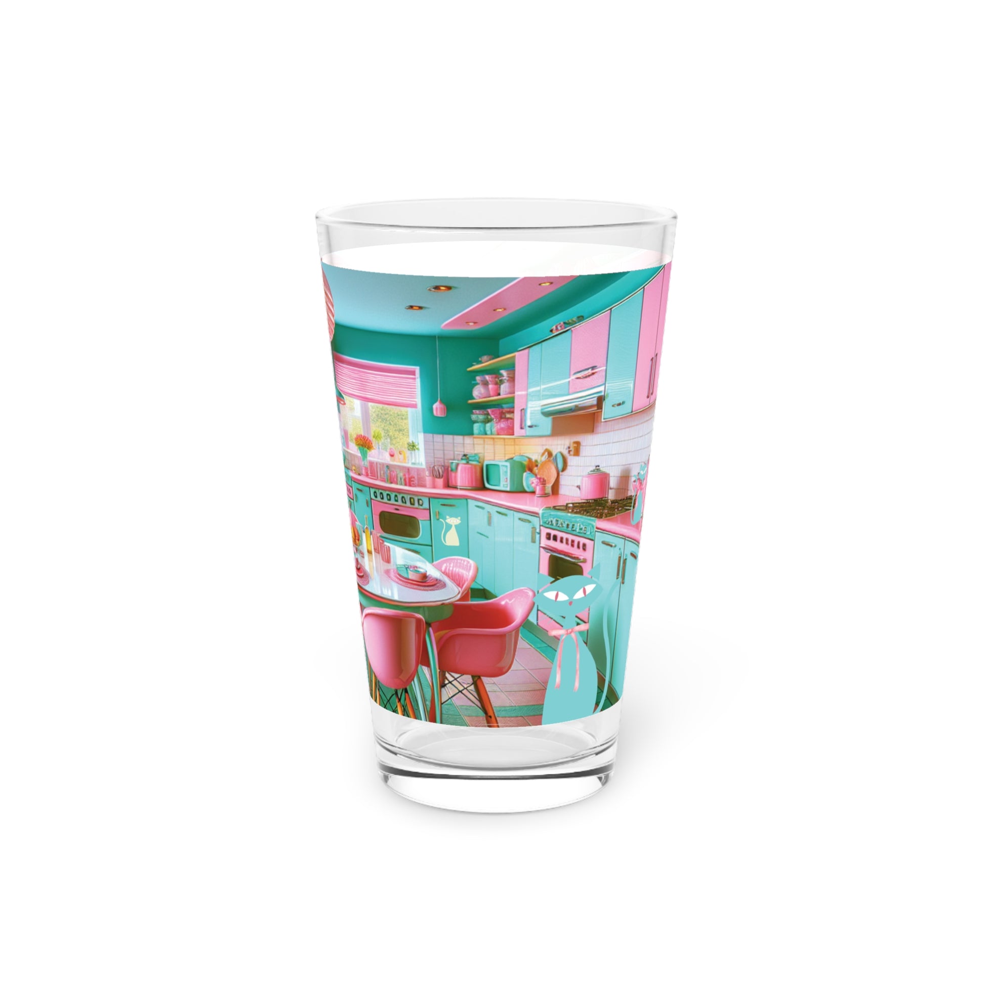 Atomic Kitty Cat, Mid Century Modern 50's MCM Pink  and Aqua 16oz Pint Glass 50s, Party Drinkware, Cocktail Pint Glass, Perfect Christmas Perfect for Parties - MRSBYVALLE