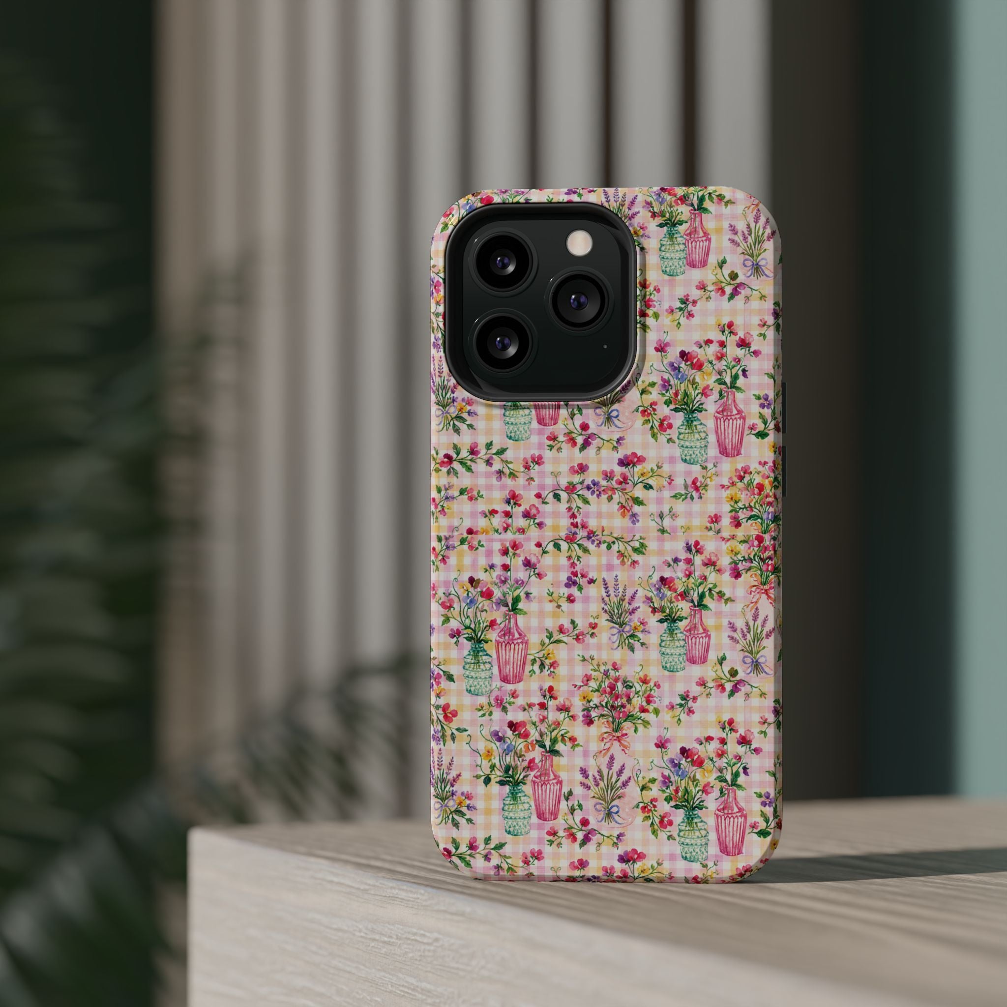 Turquoise & Pink Floral Checker Phone Case — Magnetic Impact-Resistant