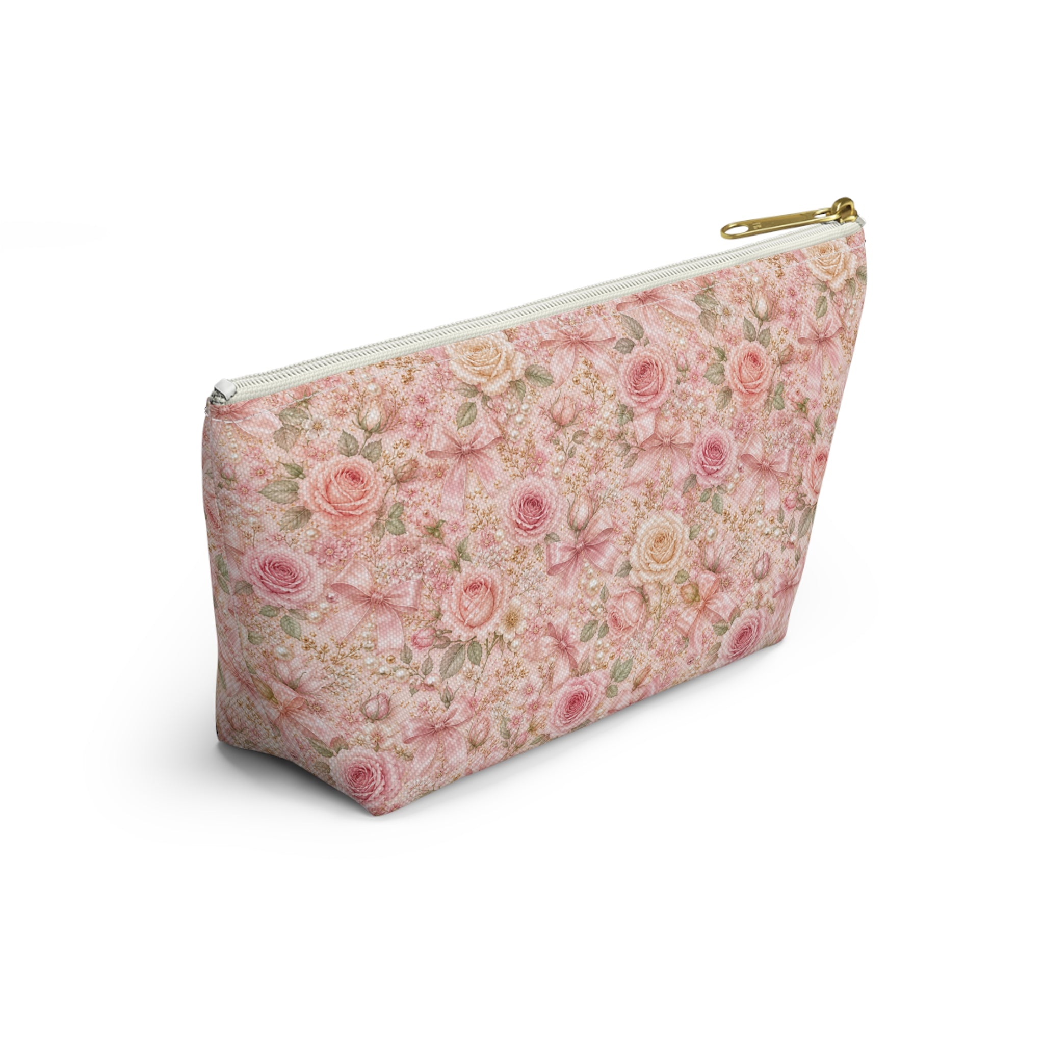 Trousse de Maquillage Nœud en Satin et Rose Poudré, Pochette Cosmétique Fleurie Coquette de Luxe, Organisateur de Voyage Élégant
