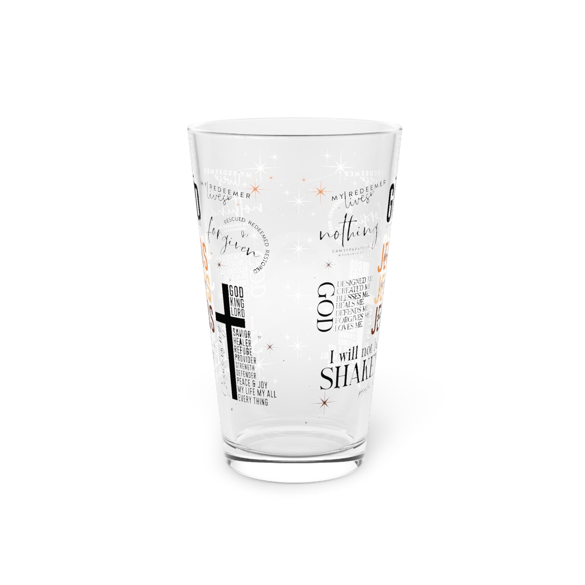 Jesus Quotes 16oz Pint Glass – Scripture Collage, Crystal-Clear Durable Glass, Hand-Wash Only, Christian Gift for Iced Coffee, Lemonade, Soda & Water