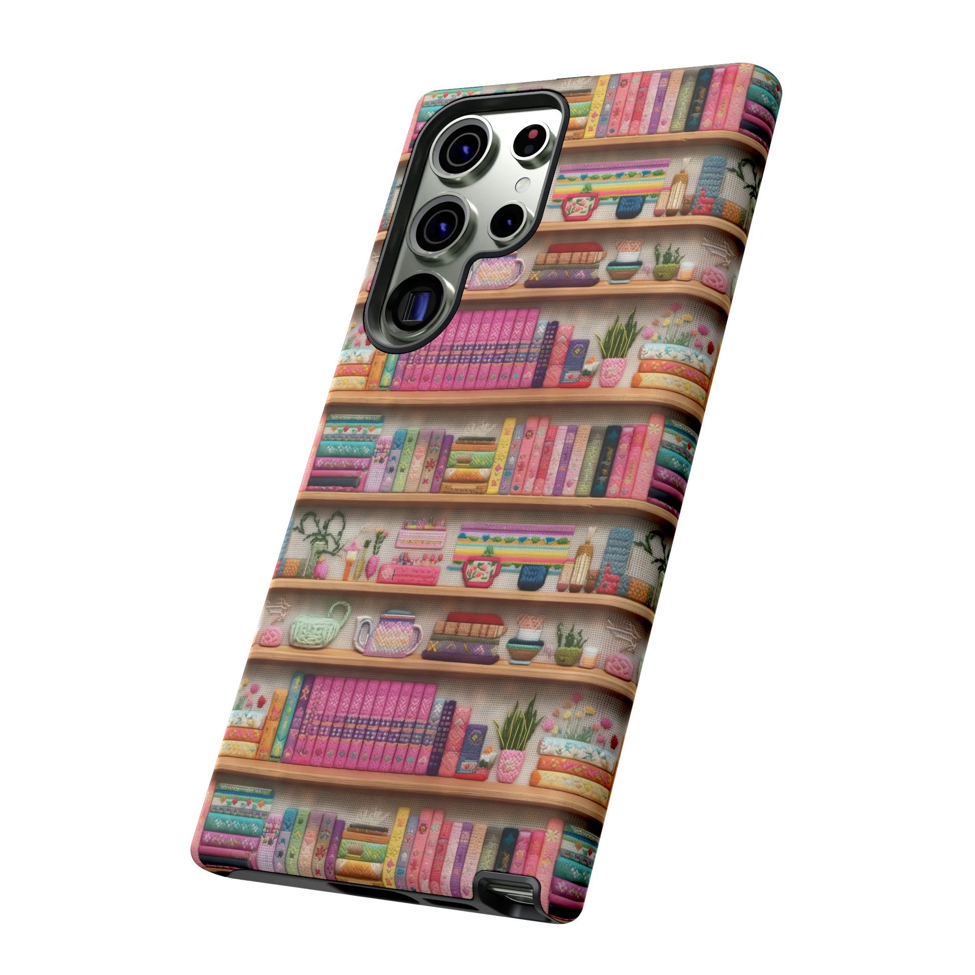 Whimsical 3D Embroidery Illusion Books on Pastel Shelves Phone Case for iPhone, Samsung & Pixel: Unique Accessory for Literary Enthusiasts Gift for Her Perfect for Floral Lover