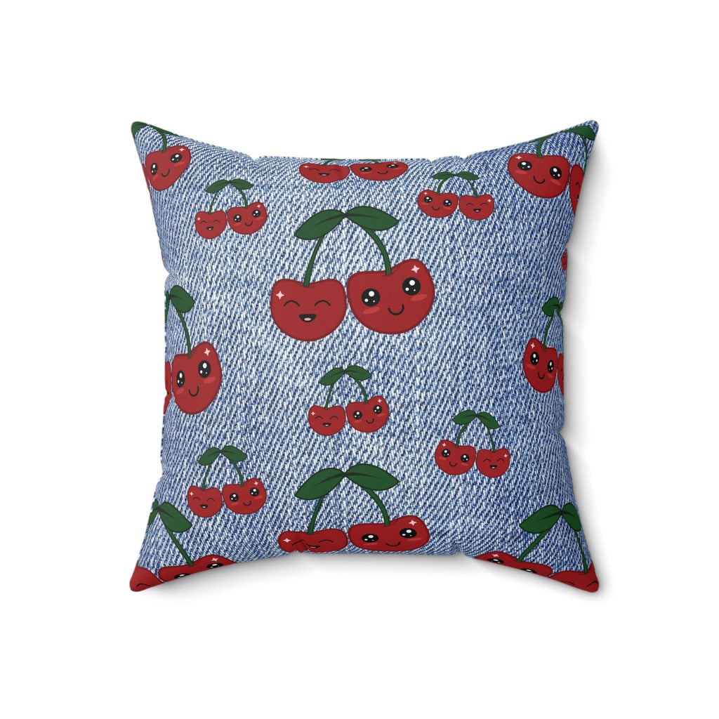 Stylish Square Pillow with Unique Faux Denim Cherry Design Add a Touch of Elegance and Comfort to Your Living Space with Our Soft and Decorative Cushion for Living Room, Bedroom or Housewarming Gift New House, Bridal Shower Gift - MRSBYVALLE