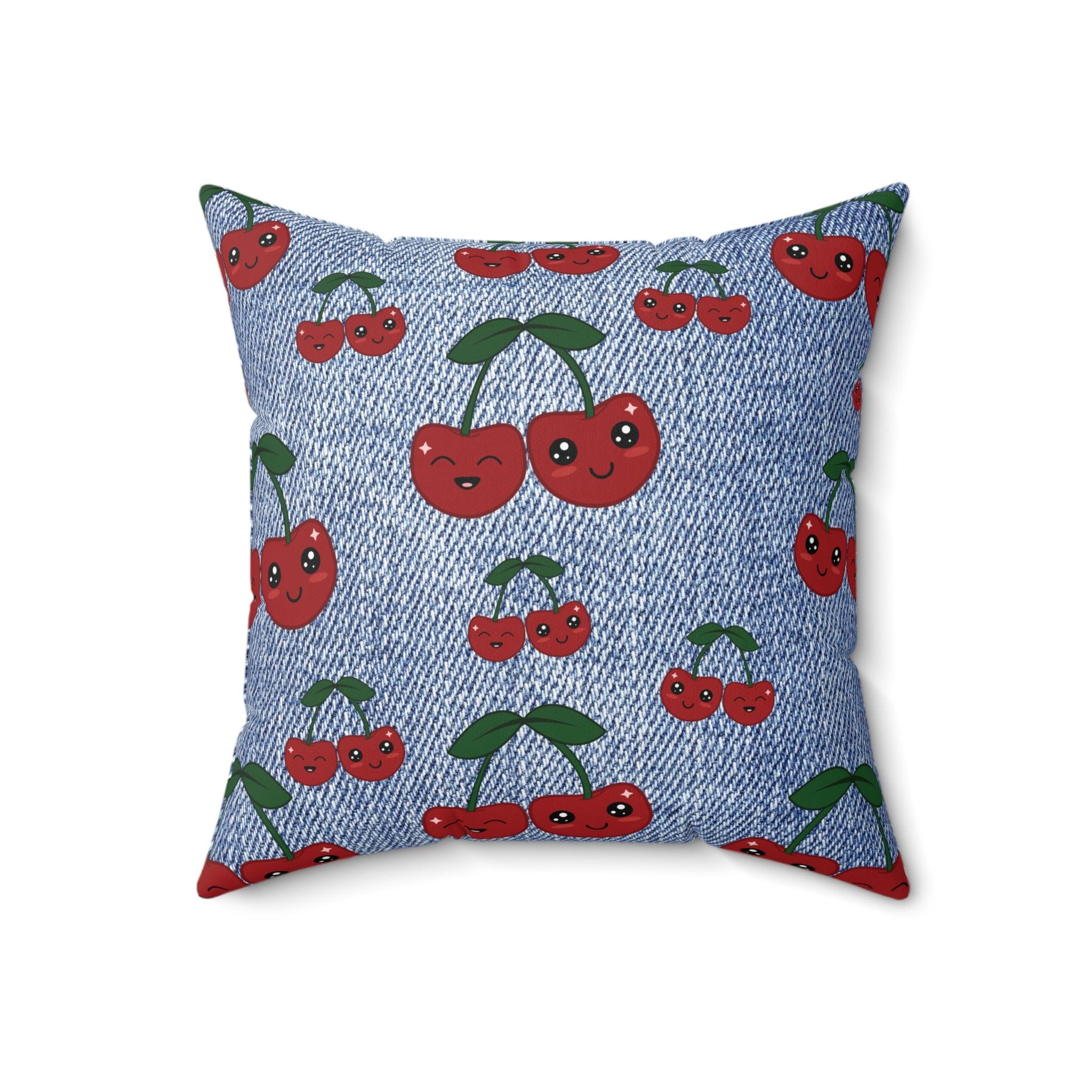 Stylish Square Pillow with Unique Faux Denim Cherry Design Add a Touch of Elegance and Comfort to Your Living Space with Our Soft and Decorative Cushion for Living Room, Bedroom or Housewarming Gift New House, Bridal Shower Gift - MRSBYVALLE