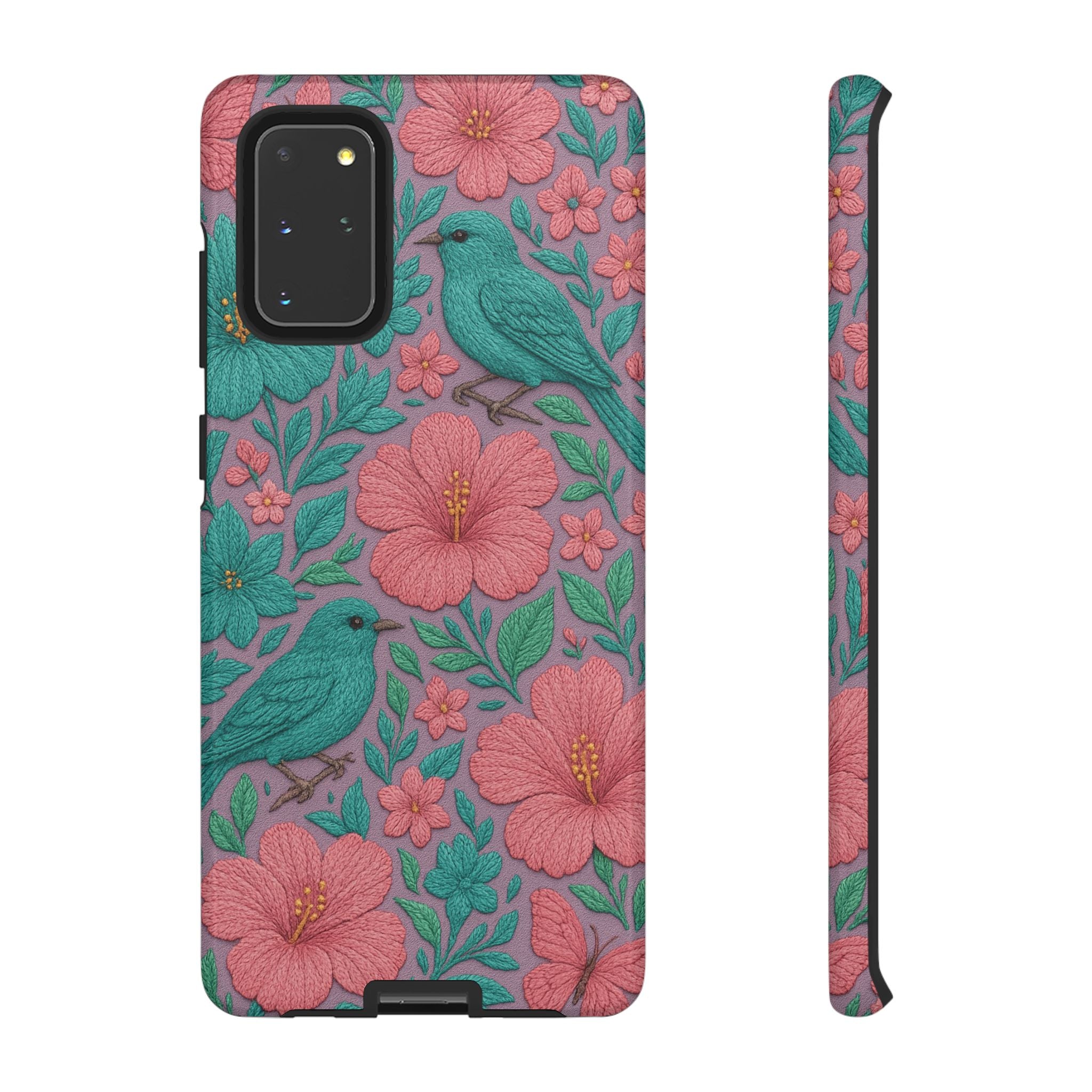 Turquoise, Pink and Lavender 3D Embroidery Illusion Phone Case Tropical Flowers, Birds & Butterflies Cover with Bold, Realistic Floral Texture iPhone, Samsung