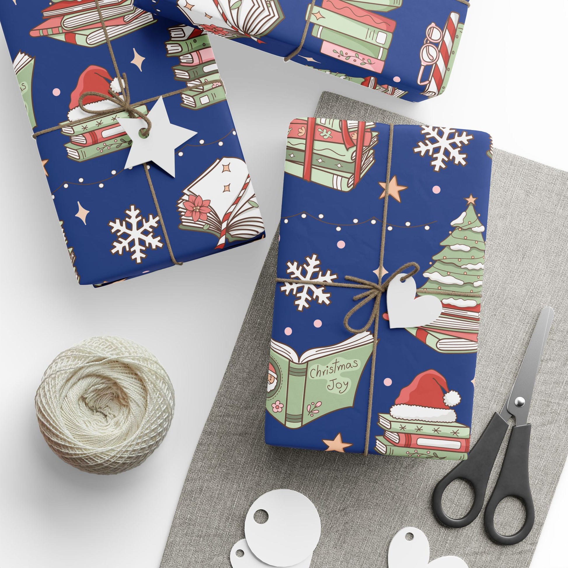 Wrapping Papers Royal Blue Christmas Books and Coffee Design Holiday Gift Wrap
