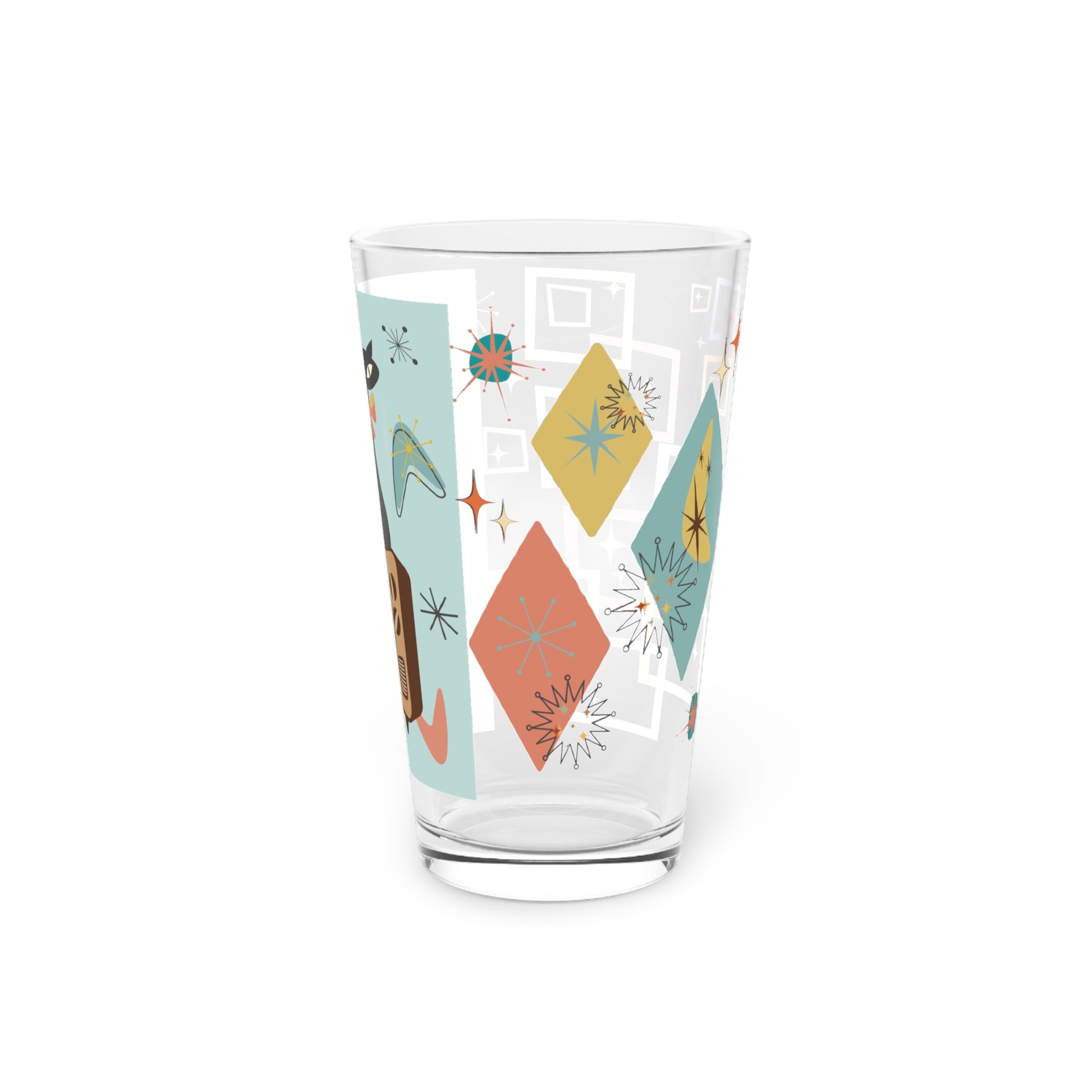 Atomic Cat 16oz Pint Glass Mid-Century Modern Retro Style for Cocktails, Mocktails, Beer, and Water Perfect for Every Occasion Mother's Day Party Drinkware, Housewarming Perfect Gift Party Drinkware, Cocktail, Wedding Perfect for Parties - MRSBYVALLE