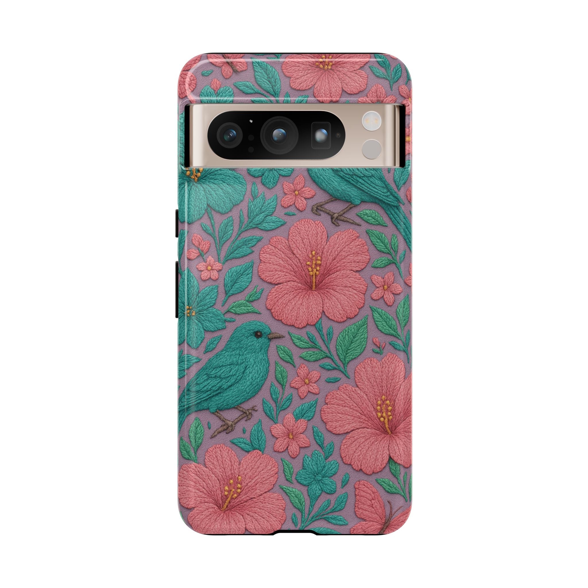 Turquoise, Pink and Lavender 3D Embroidery Illusion Phone Case Tropical Flowers, Birds & Butterflies Cover with Bold, Realistic Floral Texture iPhone, Samsung