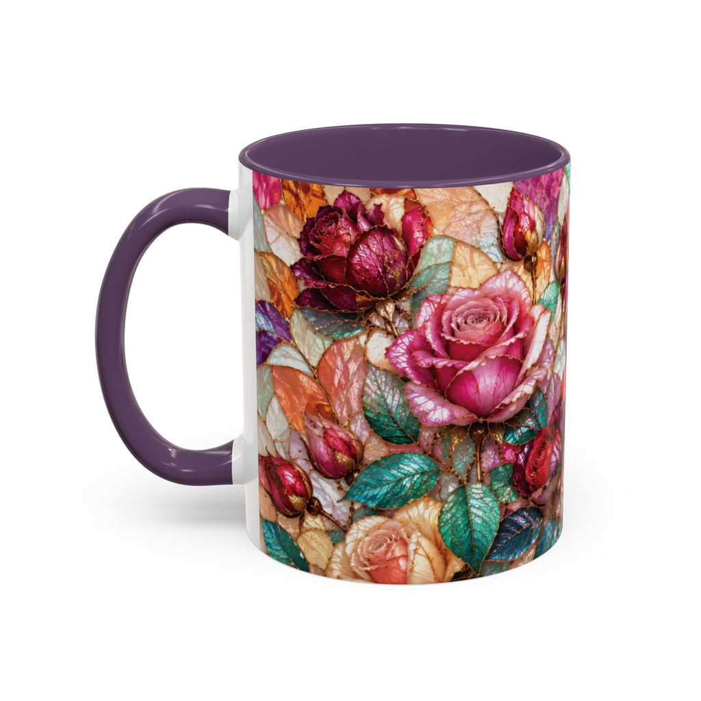 Floral Stained-Glass Accent Coffee Mug Colorful Rose Pattern (11/15 oz) Gift for Her