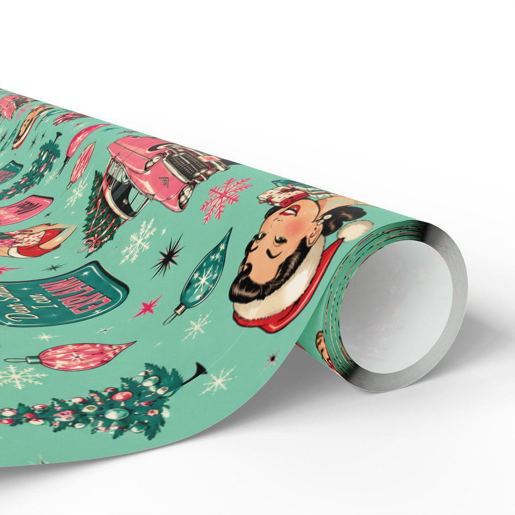 Funny Retro Christmas Wrapping Paper  Vintage Pink Holiday Gift Wrap  Mid Century Christmas Gifts Cute Nostalgic Xmas Paper
