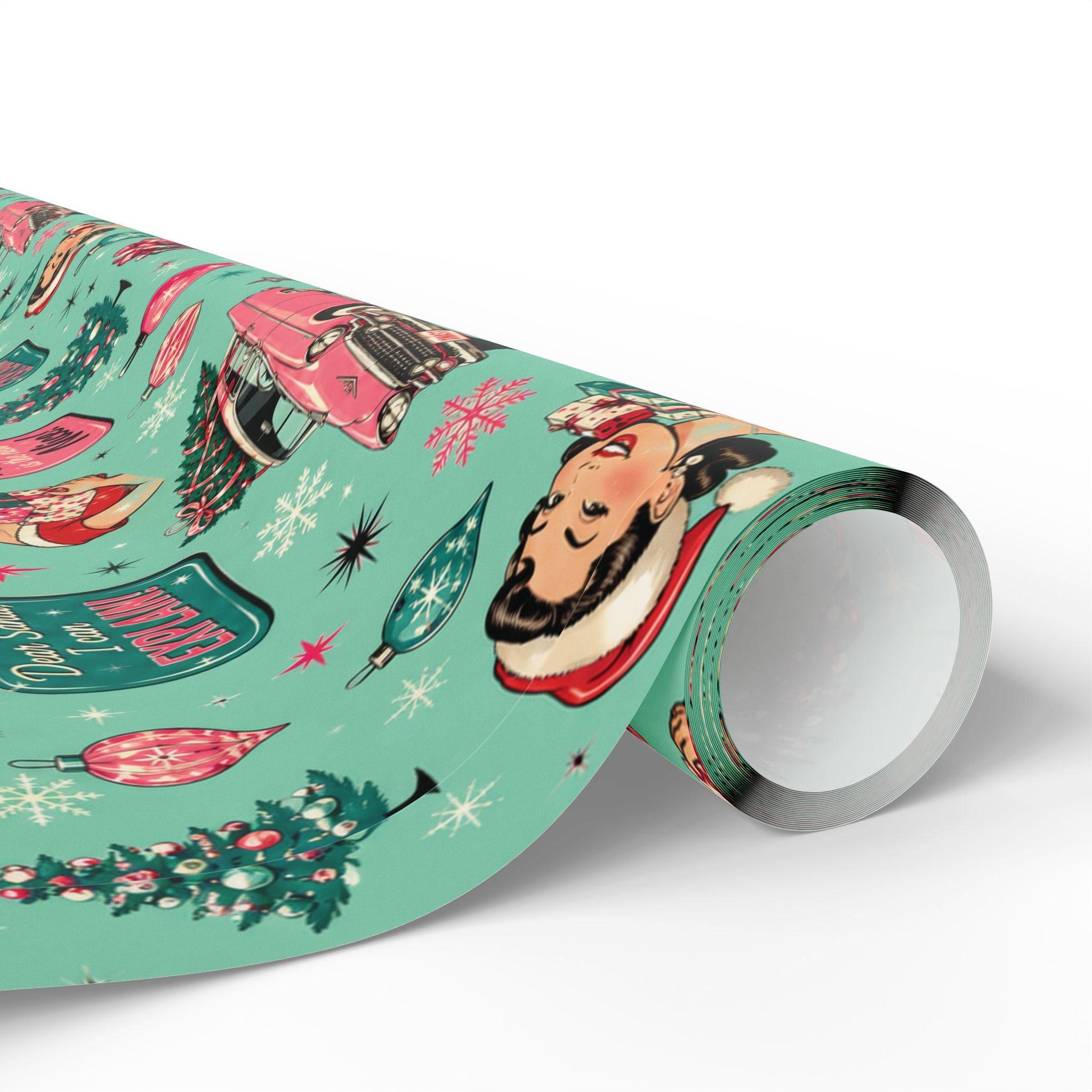 Funny Retro Christmas Wrapping Paper  Vintage Pink Holiday Gift Wrap  Mid Century Christmas Gifts Cute Nostalgic Xmas Paper