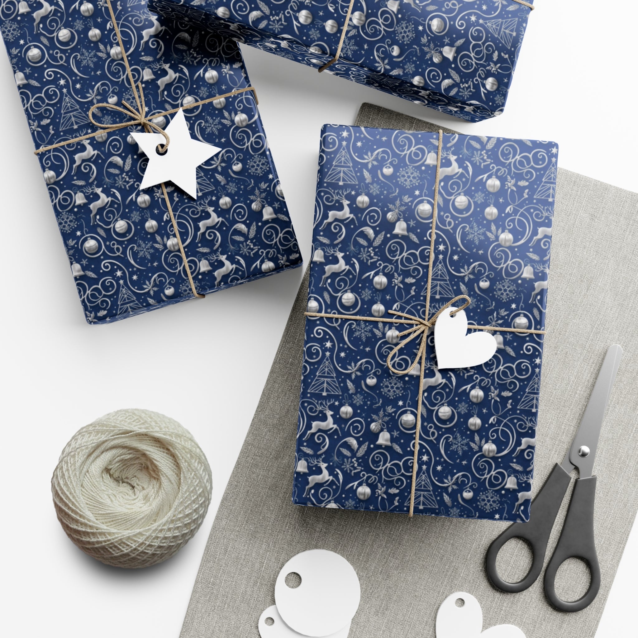 Emballage Cadeau de Noël Bleu et Argent Élégant – Feuilles et Rouleaux de Papier Cadeau Festif | MRSBYVALLE