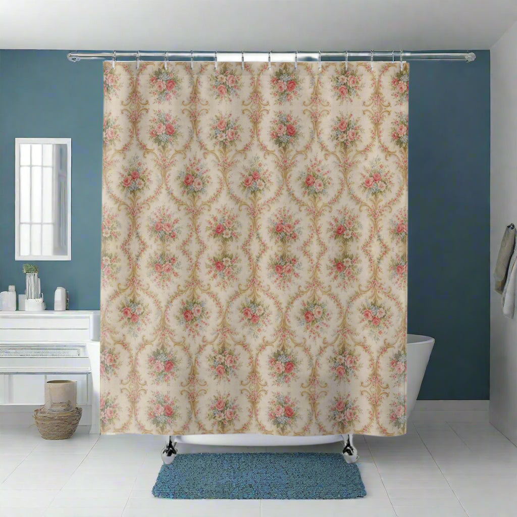 Shower curtain with vintage floral pattern on a white background