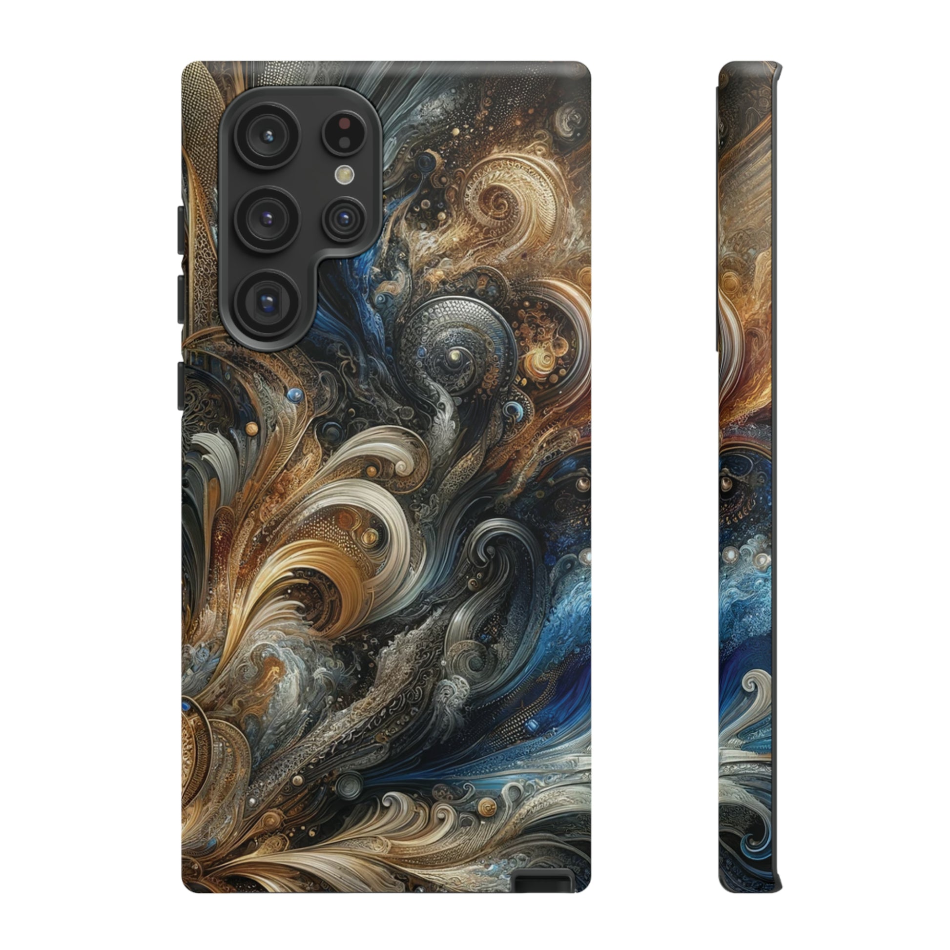 Gold and Navy Art Design Luxury Phone Tough Case Floral Elegant Durable Stylish for Modern Devices iPhone 15, Samsung iPhone Samsung Accessory Gift for Her.