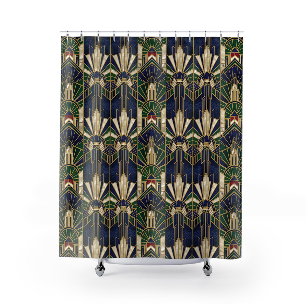 Imperial Art Deco Gold & Navy Shower Curtain — Geometric Luxury Bathroom Decor