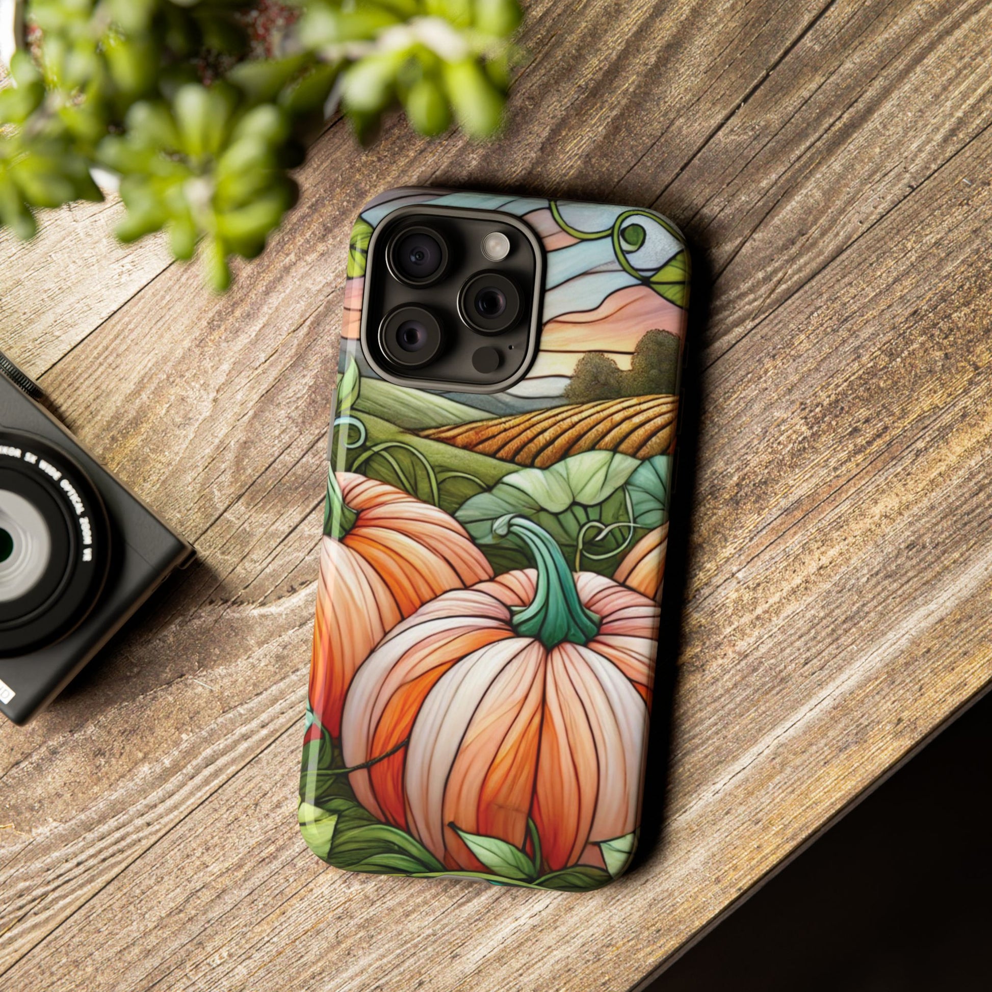 Pumpkins Phone Case Fall Faux Stained-Glass Thanksgiving Cover Pumpkin Lovers Gift for Galaxy S 24 23 22 21 Pixel 5 6 7 8 iPhone 17 , 16 15 14 13 12 Samsung iPhone Samsung Gift for Her