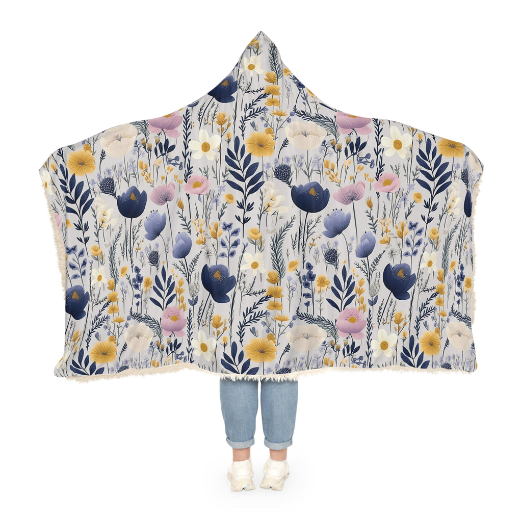 Blue & Yellow Floral Hooded Blanket – 3D Illusion Cozy Throw, Soft Sherpa Gift for Her, Warm Winter Blanket for Couch or Bed Gift Idea