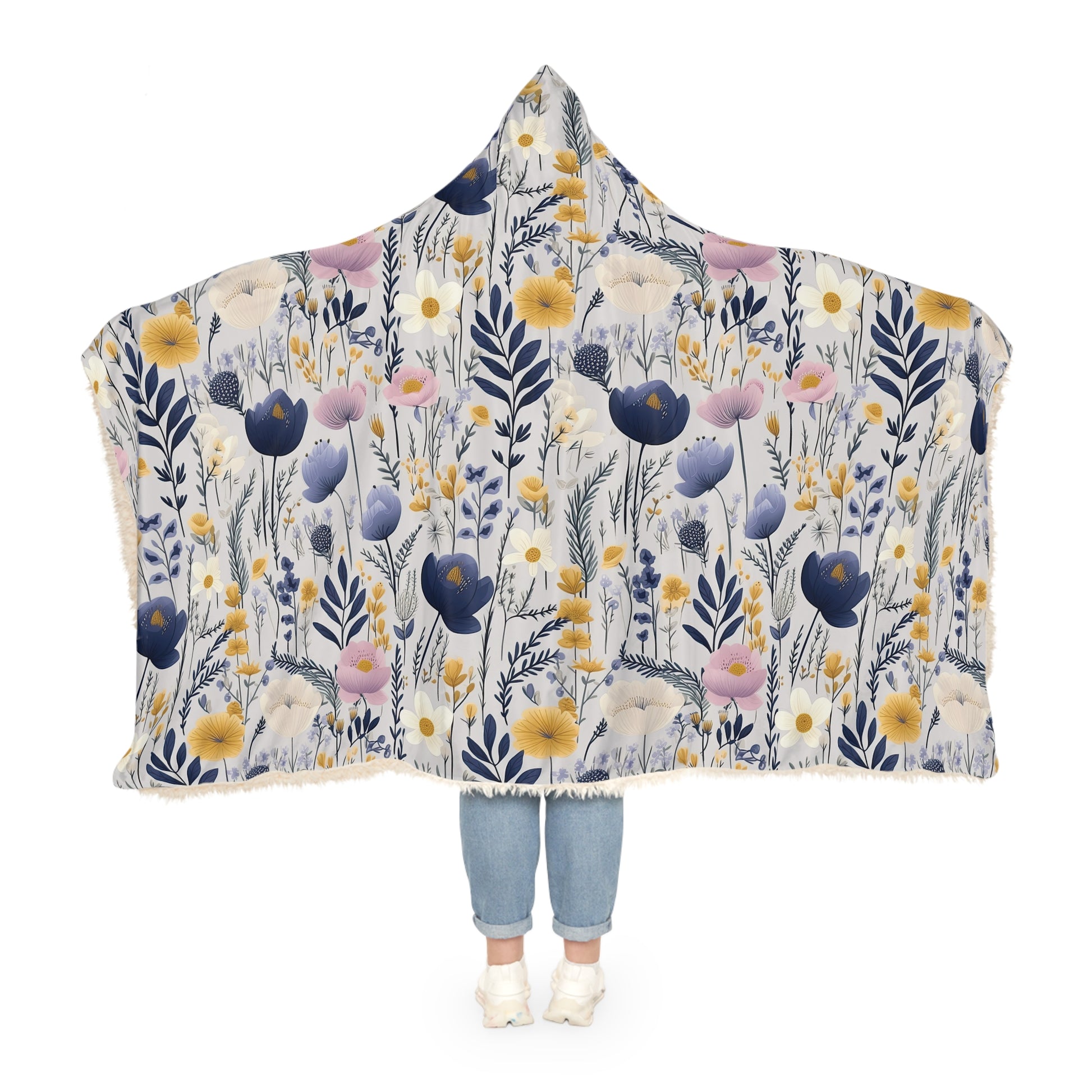 Blue & Yellow Floral Hooded Blanket – 3D Illusion Cozy Throw, Soft Sherpa Gift for Her, Warm Winter Blanket for Couch or Bed Gift Idea