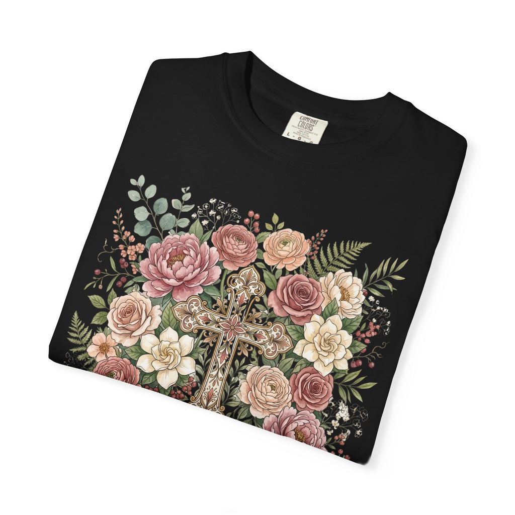 He Is Risen Floral Cross T-Shirt Christian Gift