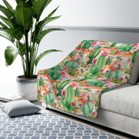 Pink and Mint Green Cactus Flowers Fleece Blanket - Soft, Cozy, Nature-Inspired Throw | Stylish Home Décor or Gift for Comfort and Warmth - MRSBYVALLE