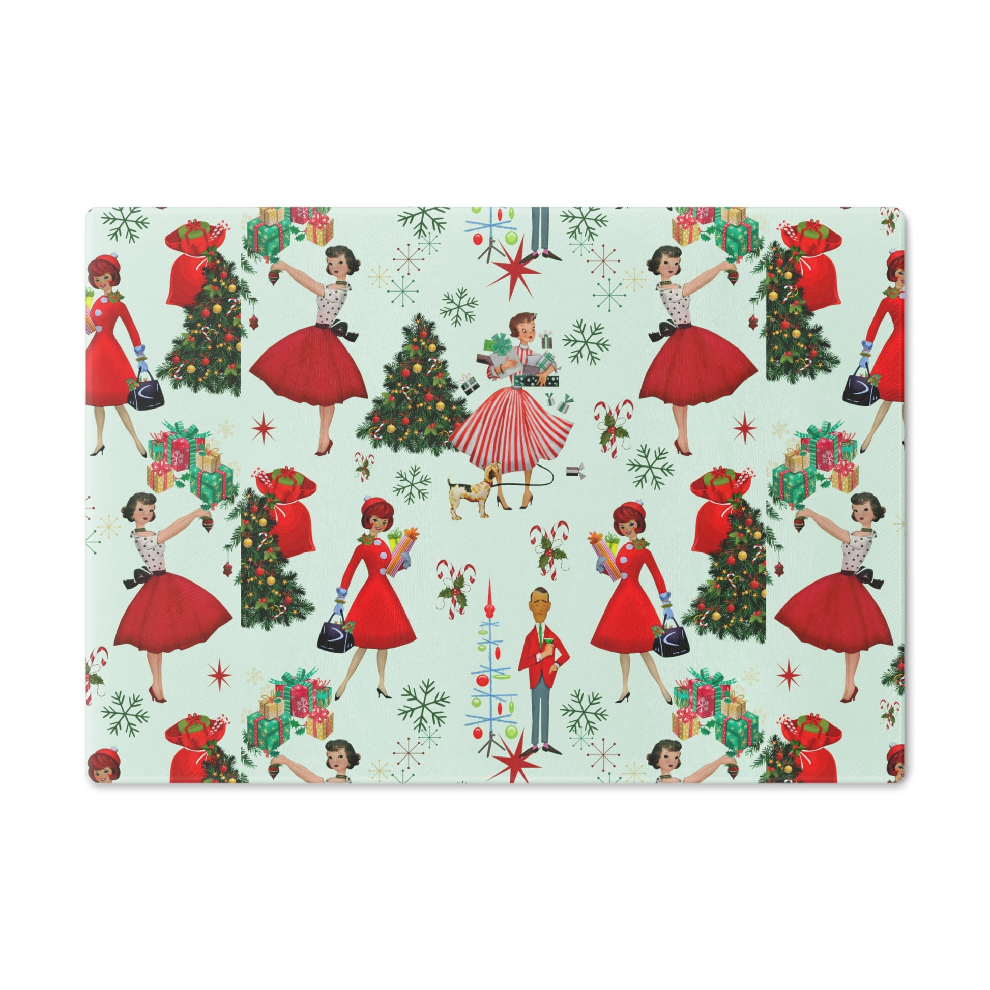 New House Tempered Glass Cutting Board with 1950s Vintage Retro Christmas Design Ultra-Durable Kitchen Accessory for Stylish Cooking Kitchen Decor Housewarming, New House Gift - MRSBYVALLE