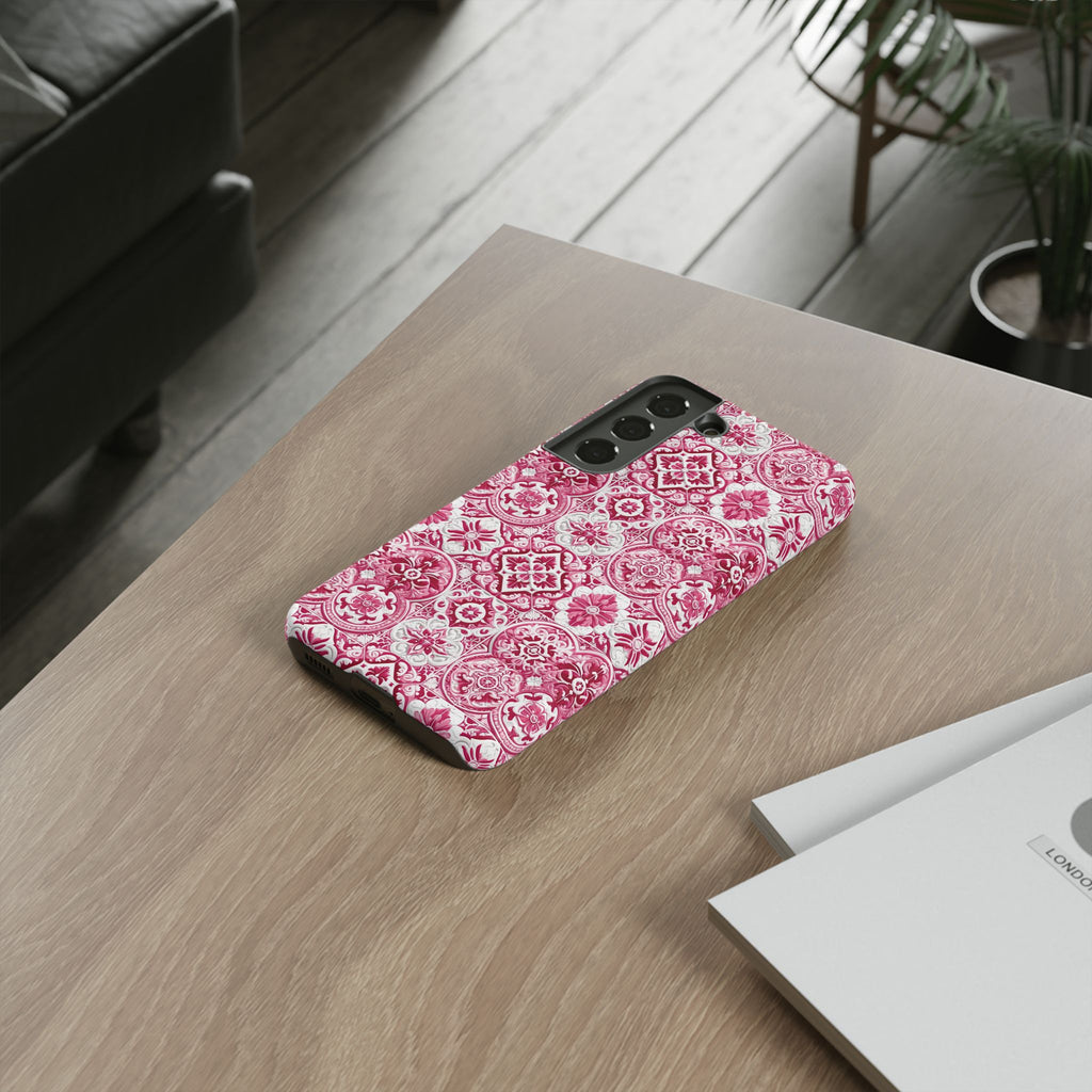 Pink and White Mediterranean Tile Design Phone Case - Stylish, Protective Cover for All Models Gift for Mom Accessory Gift for Her