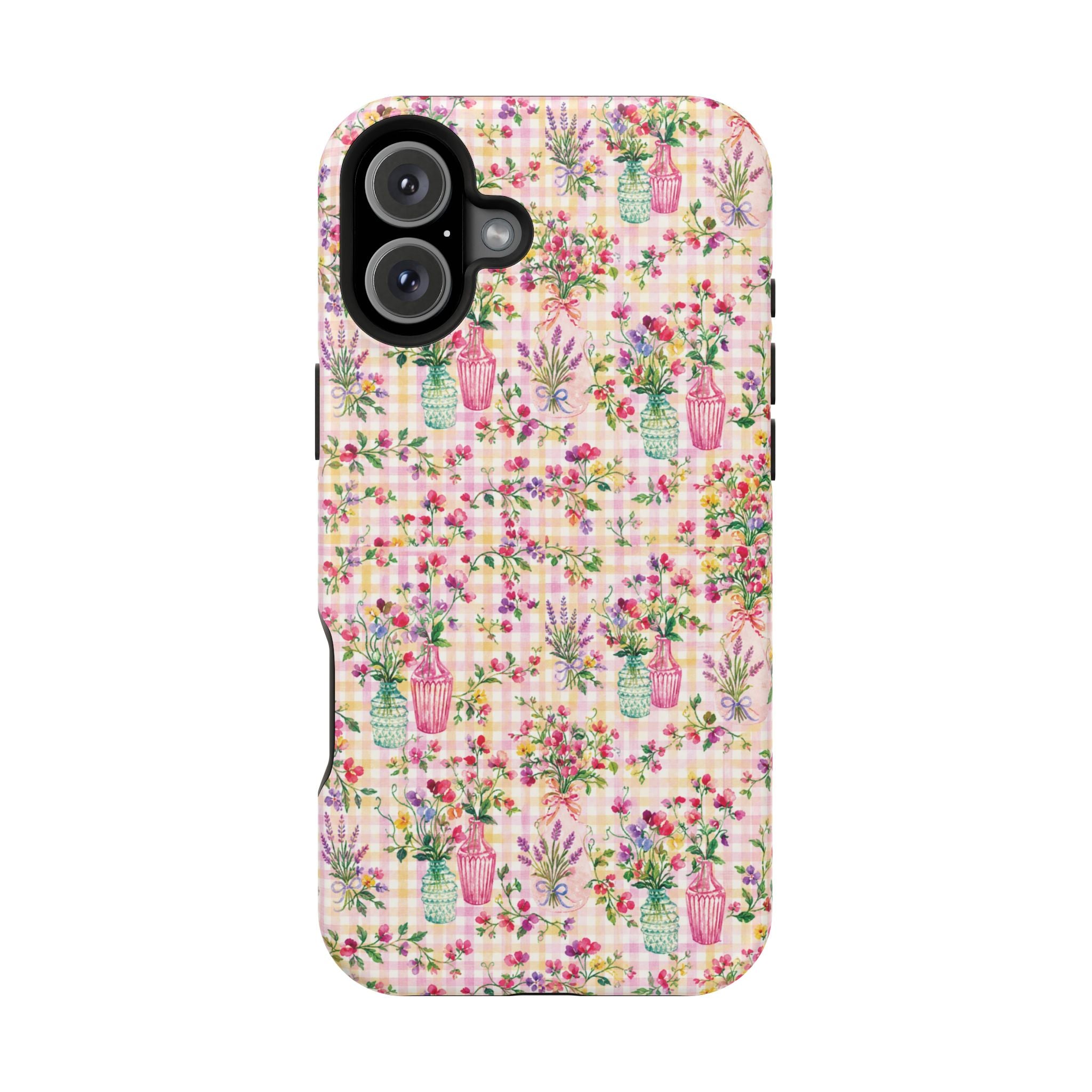 Turquoise & Pink Floral Checker Phone Case — Magnetic Impact-Resistant