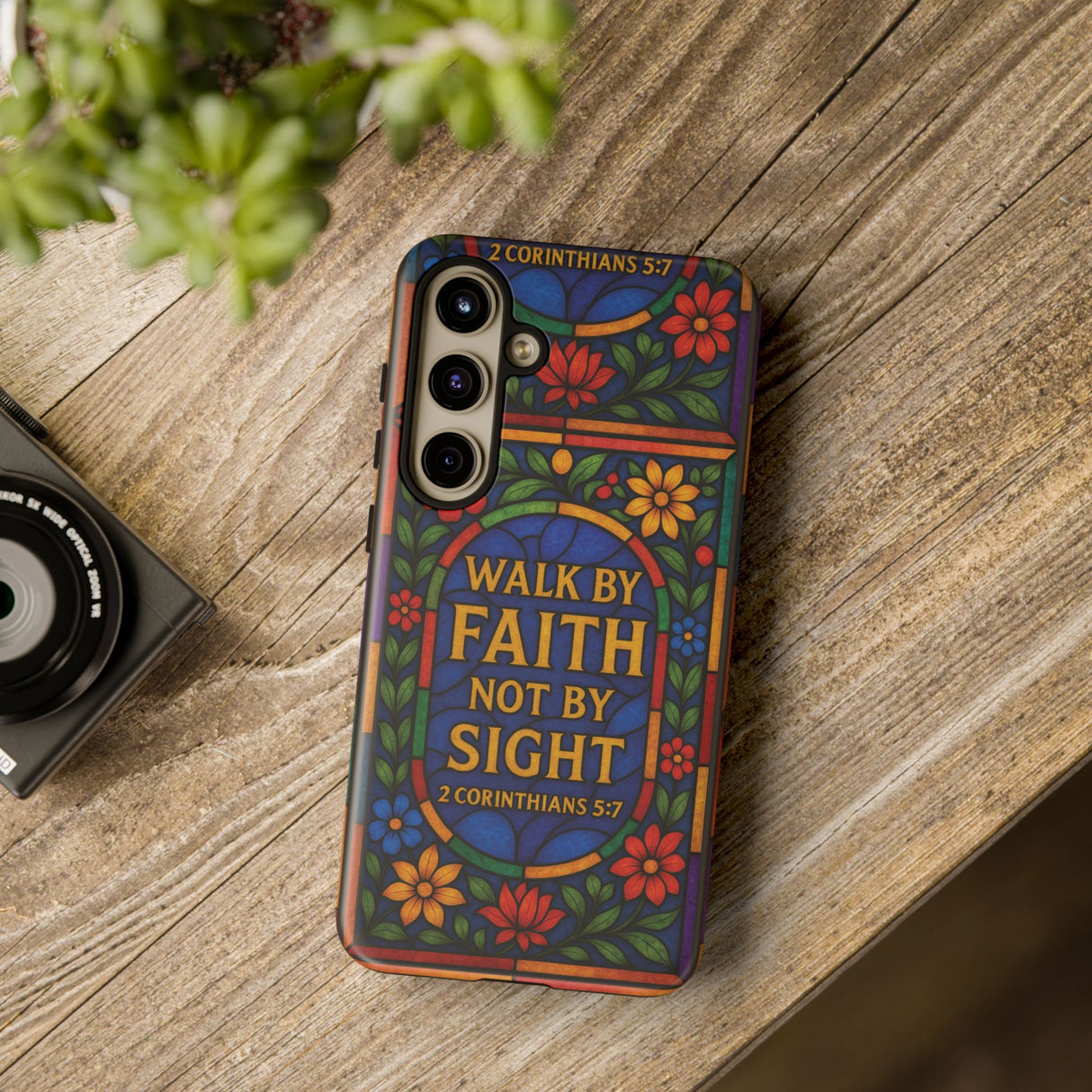Walk by Faith Stain Glass Illusion Everywhere Christian Tough Phone Case with Bible Verse or Affirmation  Protective, Inspirational Gift for Christians