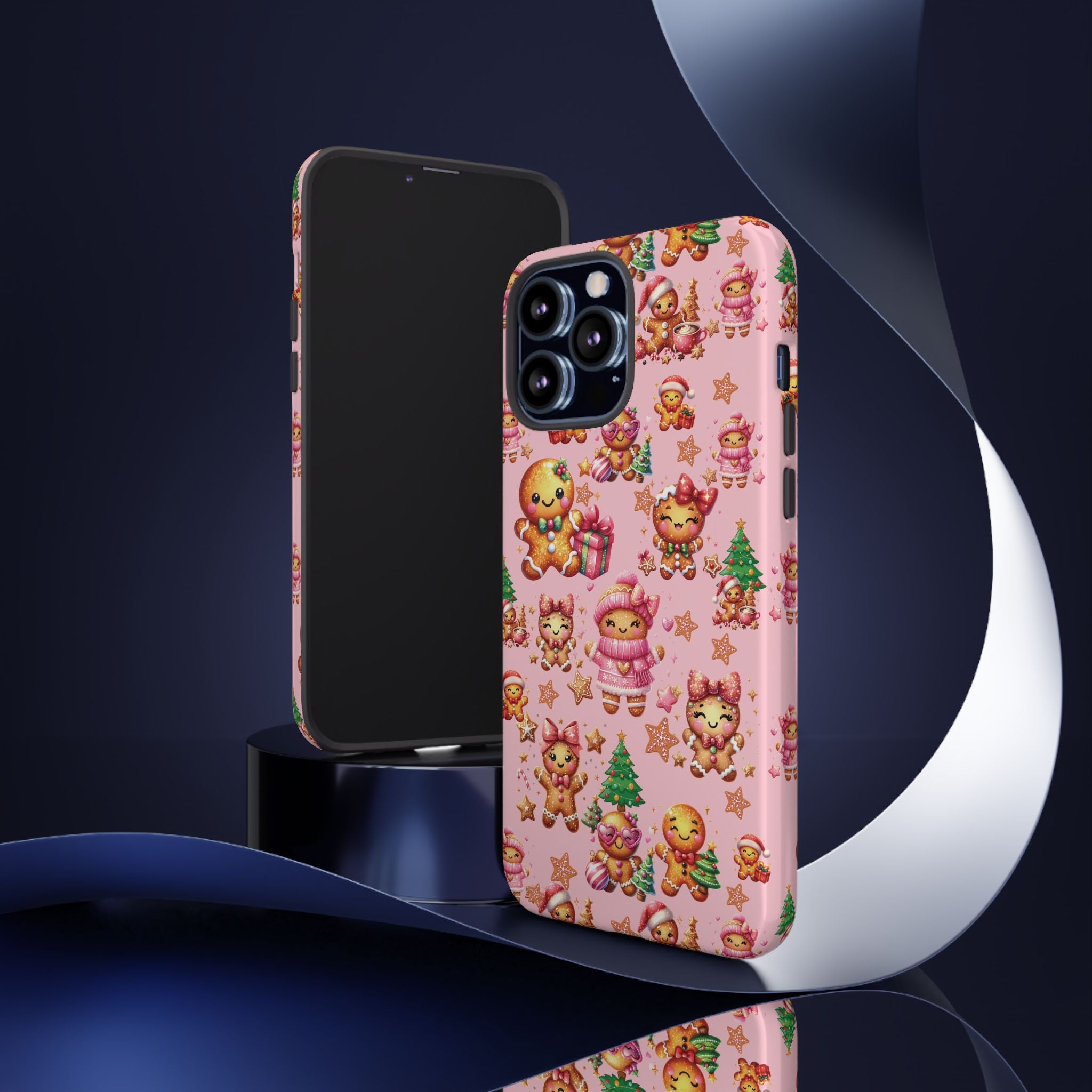 Coque de téléphone en forme de petite fille pain d'épices rose adorable, ambiance girly pour les fêtes, esthétique douce de Noël, idée cadeau mignonne et festive pour elle, housse de protection amusante