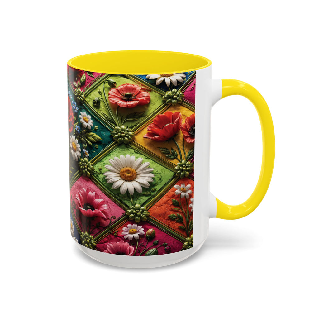 Floral Patchwork Accent Coffee Mug — Colorful Poppies & Daisies (11/15oz) 3D Illusion