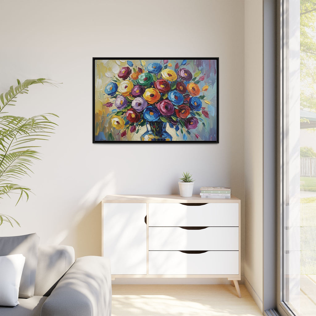 Impression sur toile bouquet floral aquarelle - Tableau mural encadré mat - Illusion de peinture à l'huile vibrante