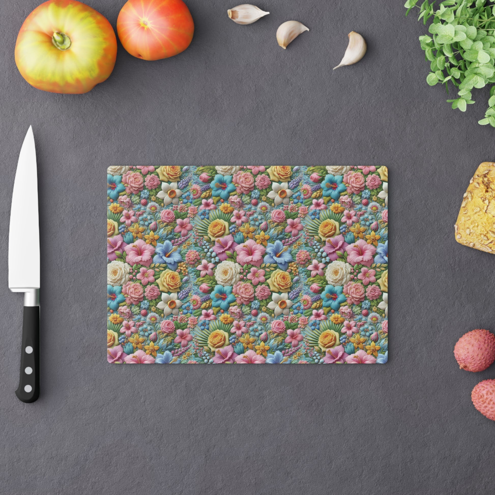 Pastel Floral Tempered Glass Cutting Board  Elegant and Durable, Heat-Resistant Surface with Beautiful Flower Design, Perfect for Cooking, Serving, and Gifting - MRSBYVALLE
