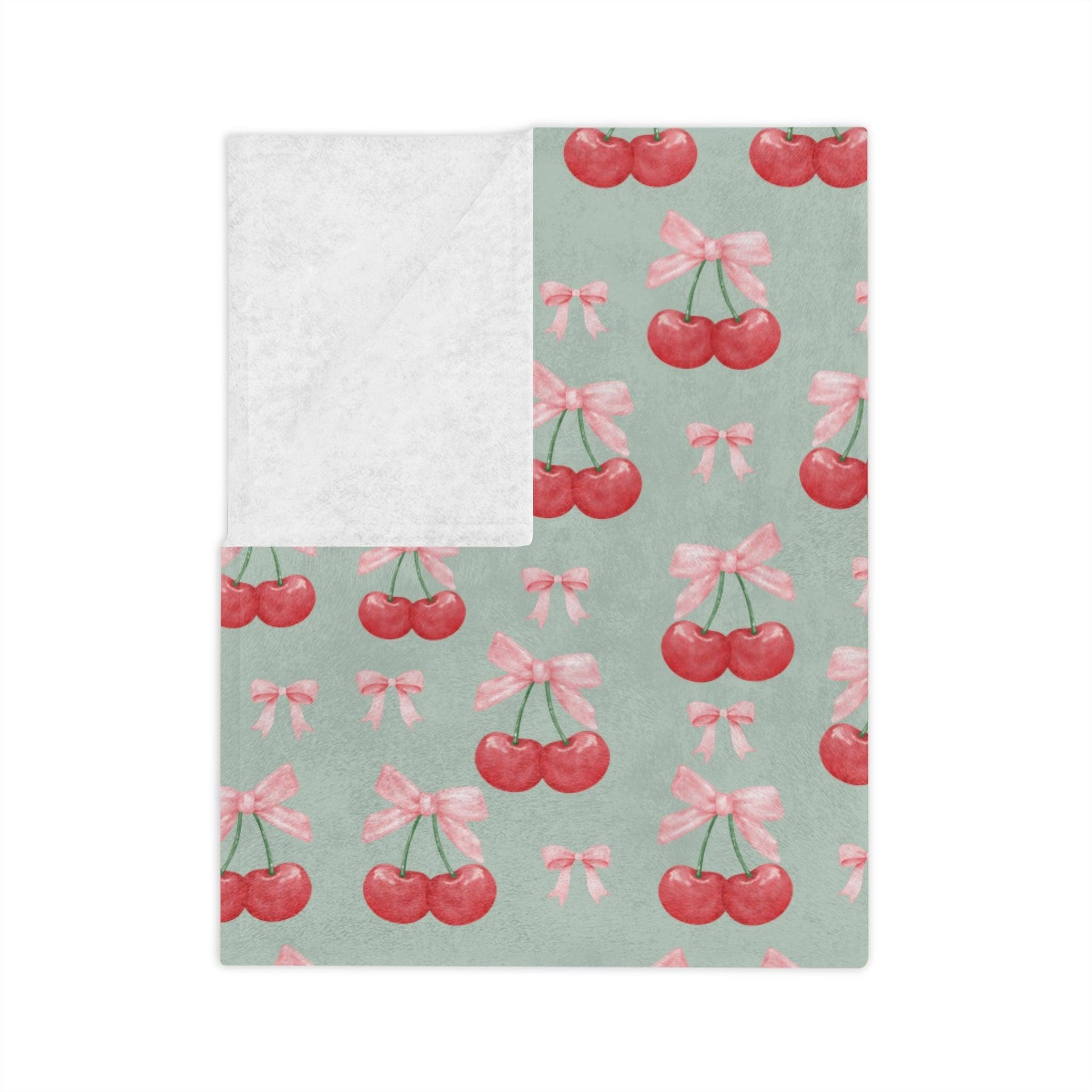 Cherry & Pink Bow Velveteen Throw Ultra-Soft Microfiber Comfort Blanket, Perfect for Snuggling & Decor, Cozy All-Season Warmth, Blanket Luxurious Comfort Meets Enchanting Design Housewarming Gift Throw - MRSBYVALLE