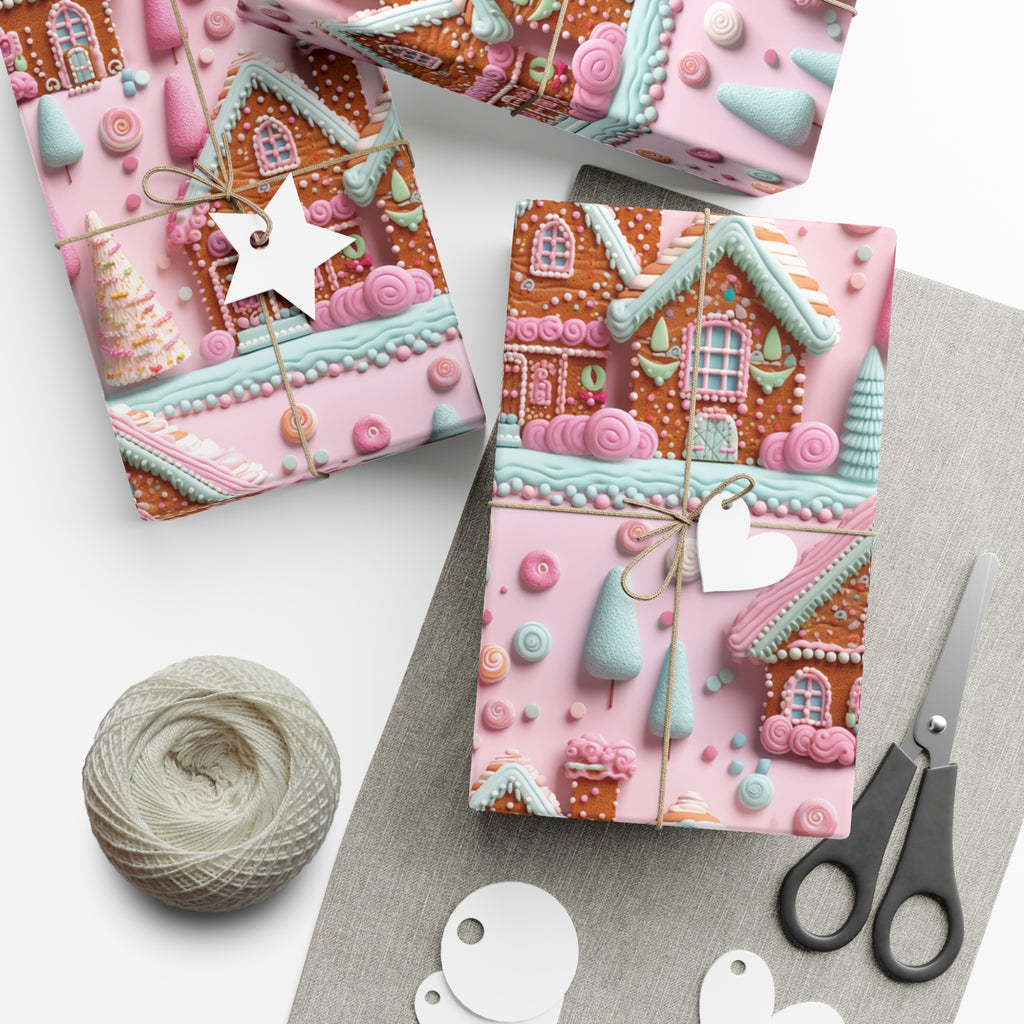 3D Clay Illusion Pink Gingerbread House Wrapping Paper Festive, Playful, and Perfect for Adding a Sweet Touch to Your Holiday Gifts Moms - MRSBYVALLE