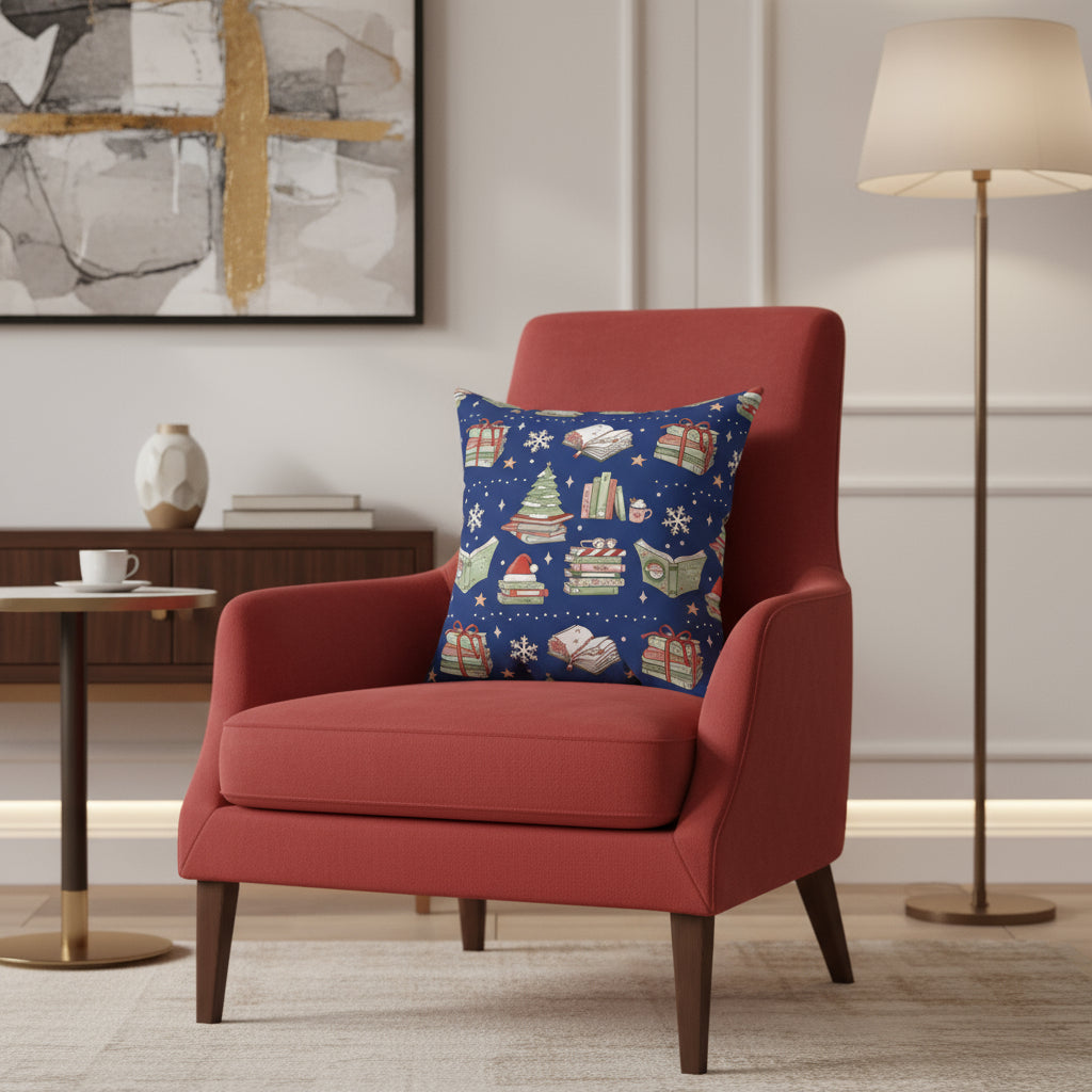 Decorative pillow with Christmas-themed pattern on a blue background
