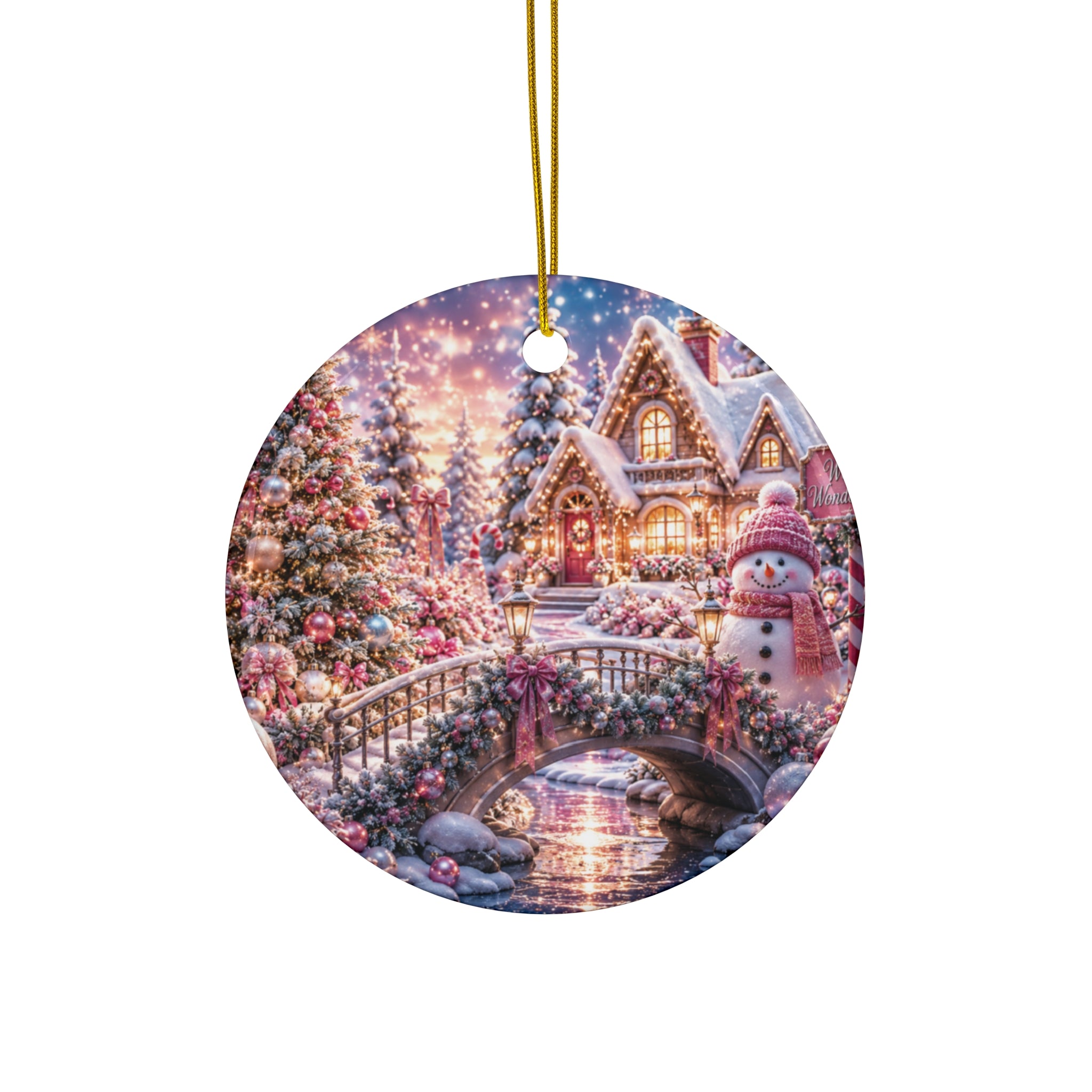 Christmas Snowy Cottage Ceramic Ornament — Round Holiday Tree Decoration Winter Wonder