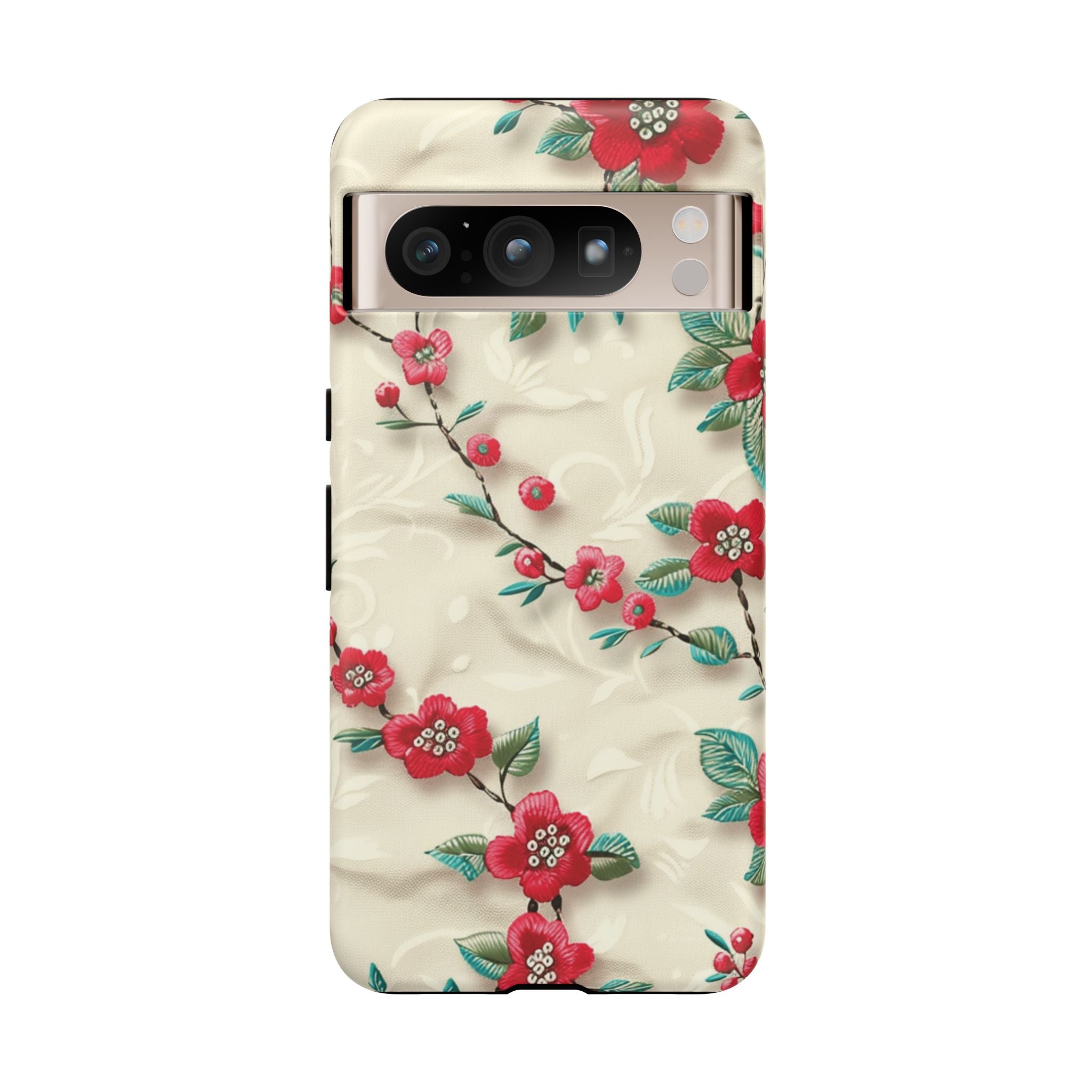 3D Embroidery Illusion Red Flowers Phone Case for iPhone, Samsung Pixel Artistic Floral Protection 15 14 13 12, 21 23 Gift for Her Perfect for Floral Lover