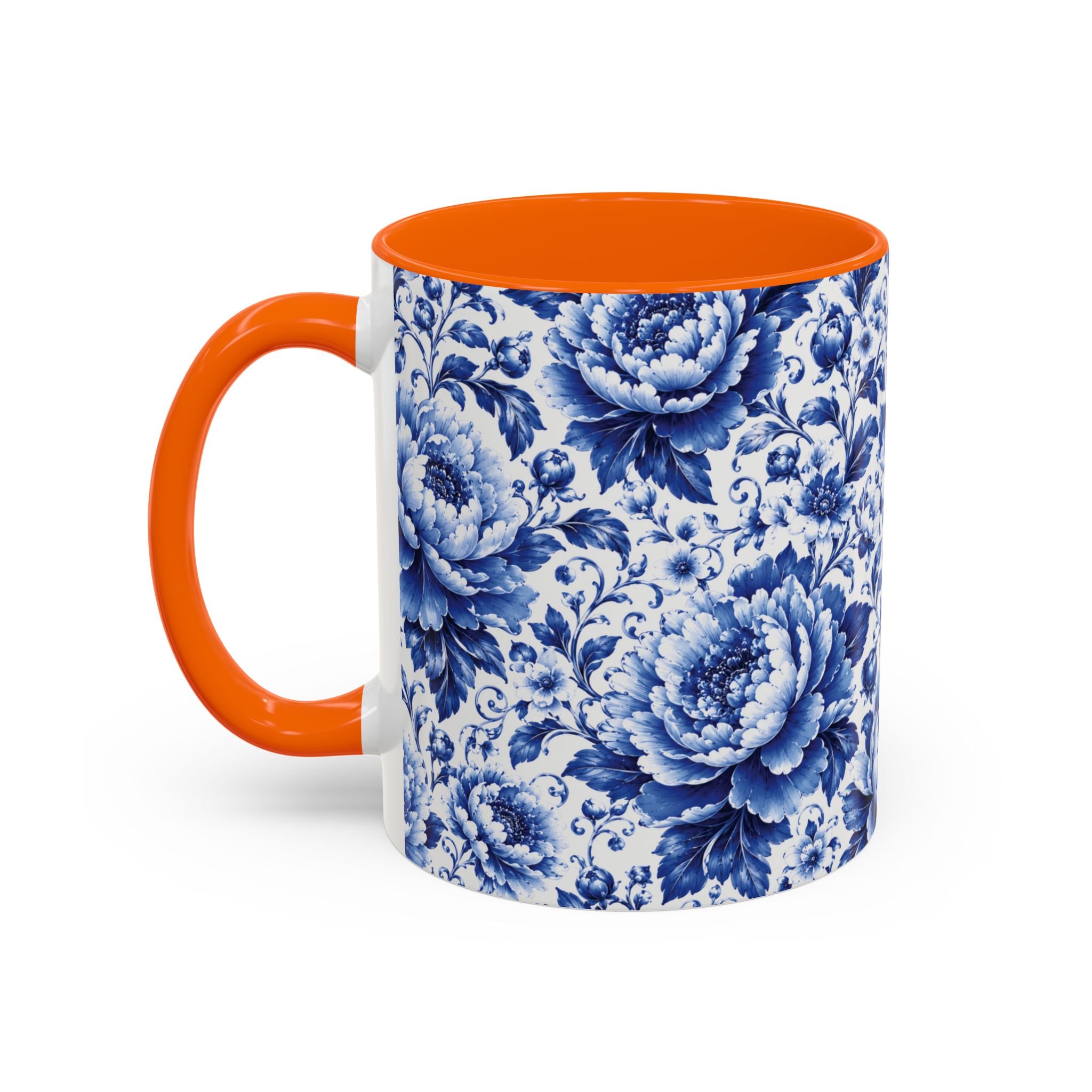 Blue Floral Ceramic Coffee Mug — Vintage Delft Peony Accent (11oz & 15oz) Blue & White Chinoiserie Tea Mug