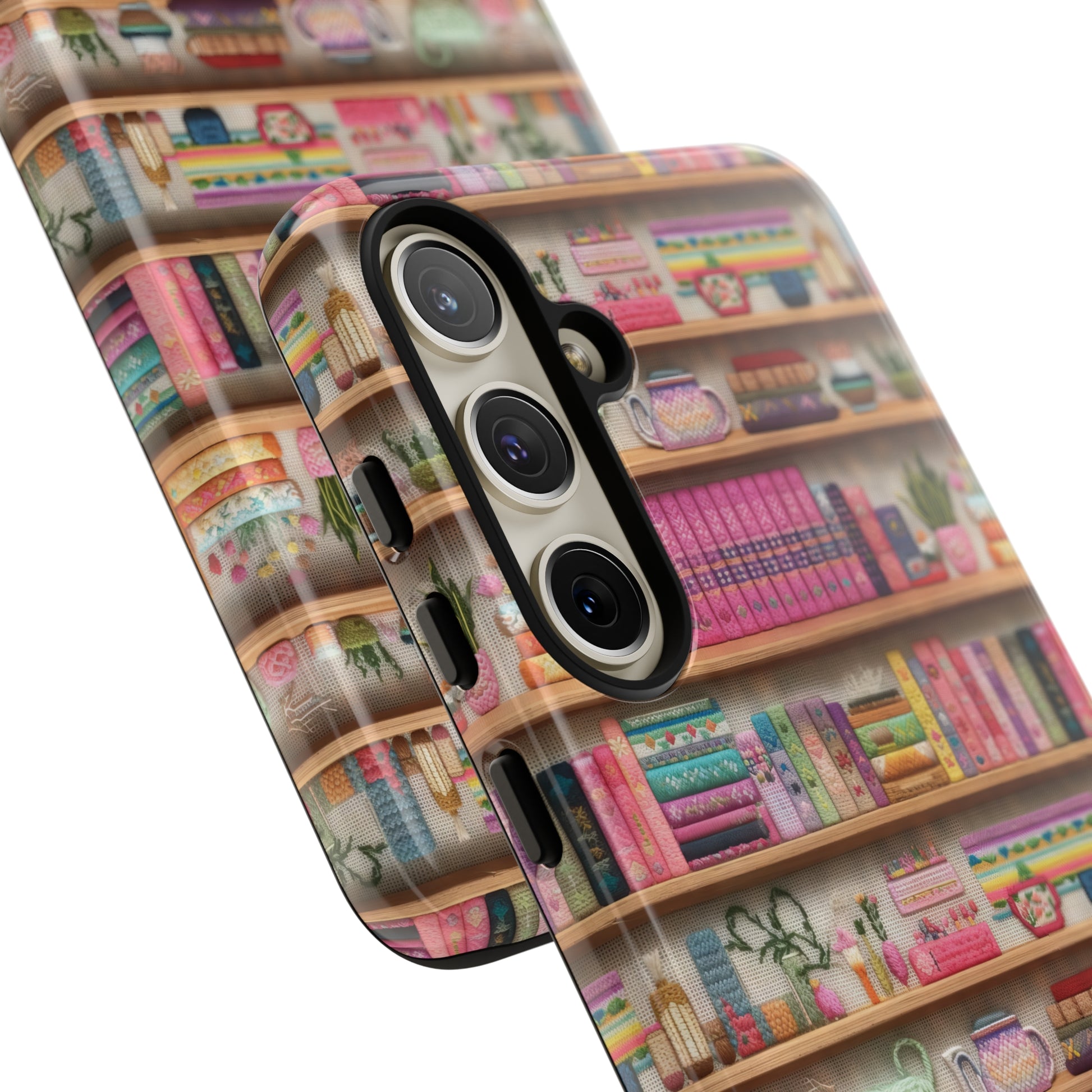Phone Case 3D Illusion Books & Shelf Embroidery Design with Vibrant Colors Gift for Her Phone 15, Samsung iPhone Samsung Gift for Her Case iPhone 15, Samsung iPhone Samsung Accessory Gift for Her.