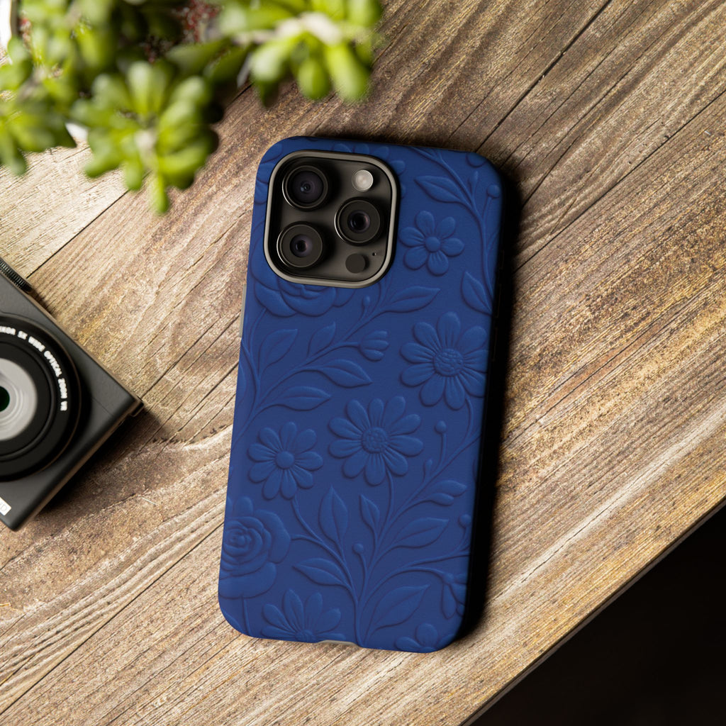 3D Illusion Floral Cobalt Blue Phone Case Elegant Raised Flower Design, Seamless Textured Look, Durable & Stylish Protection for iPhone and Android Models Fits iPhone & Samsung Models