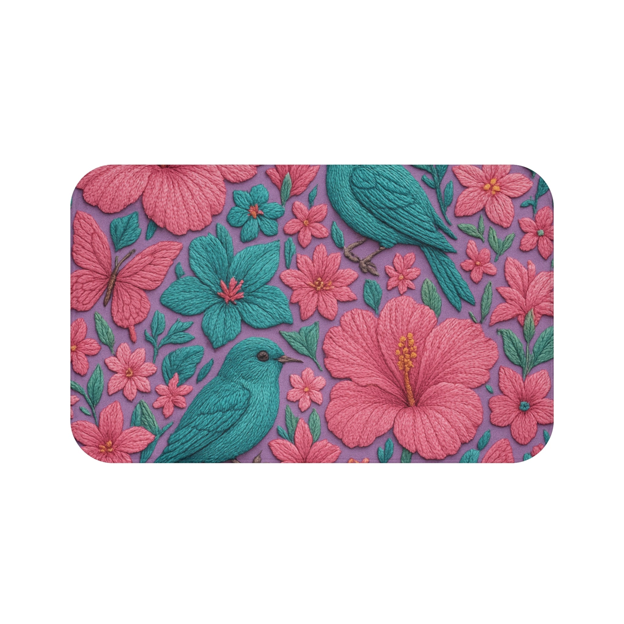Tapis de bain illusion broderie 3D turquoise, rose et lavande, imprimé floral tropical avec oiseaux et papillons pour une salle de bain audacieuse et élégante Confort à la maison