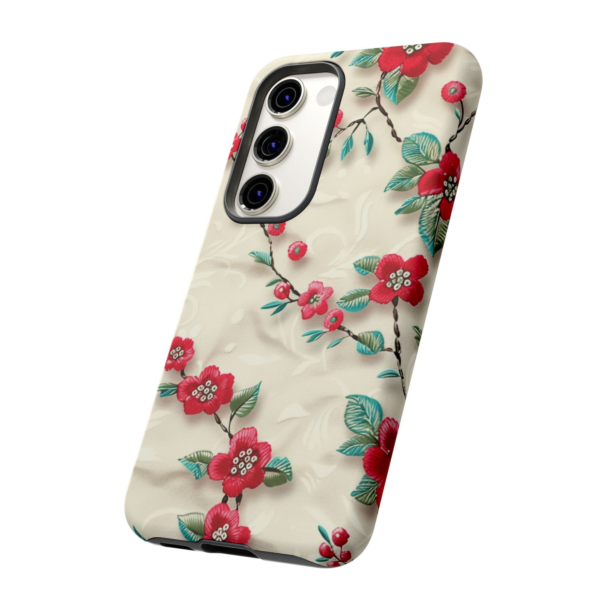 3D Embroidery Illusion Red Flowers Phone Case for iPhone, Samsung Pixel Artistic Floral Protection 15 14 13 12, 21 23 Gift for Her Perfect for Floral Lover