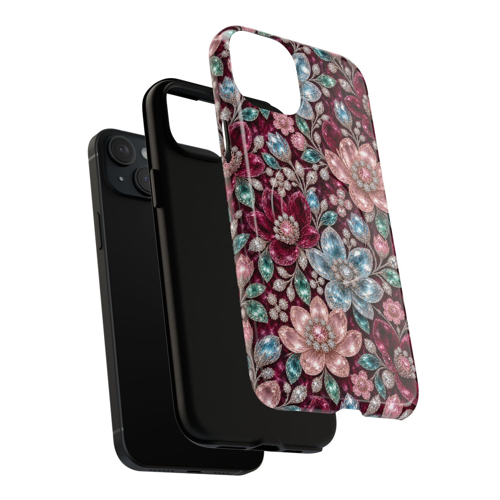 Floral faux Jewel Phone Case Sparkling Burgundy Flower Tough Magnetic Case 18 iPhone
