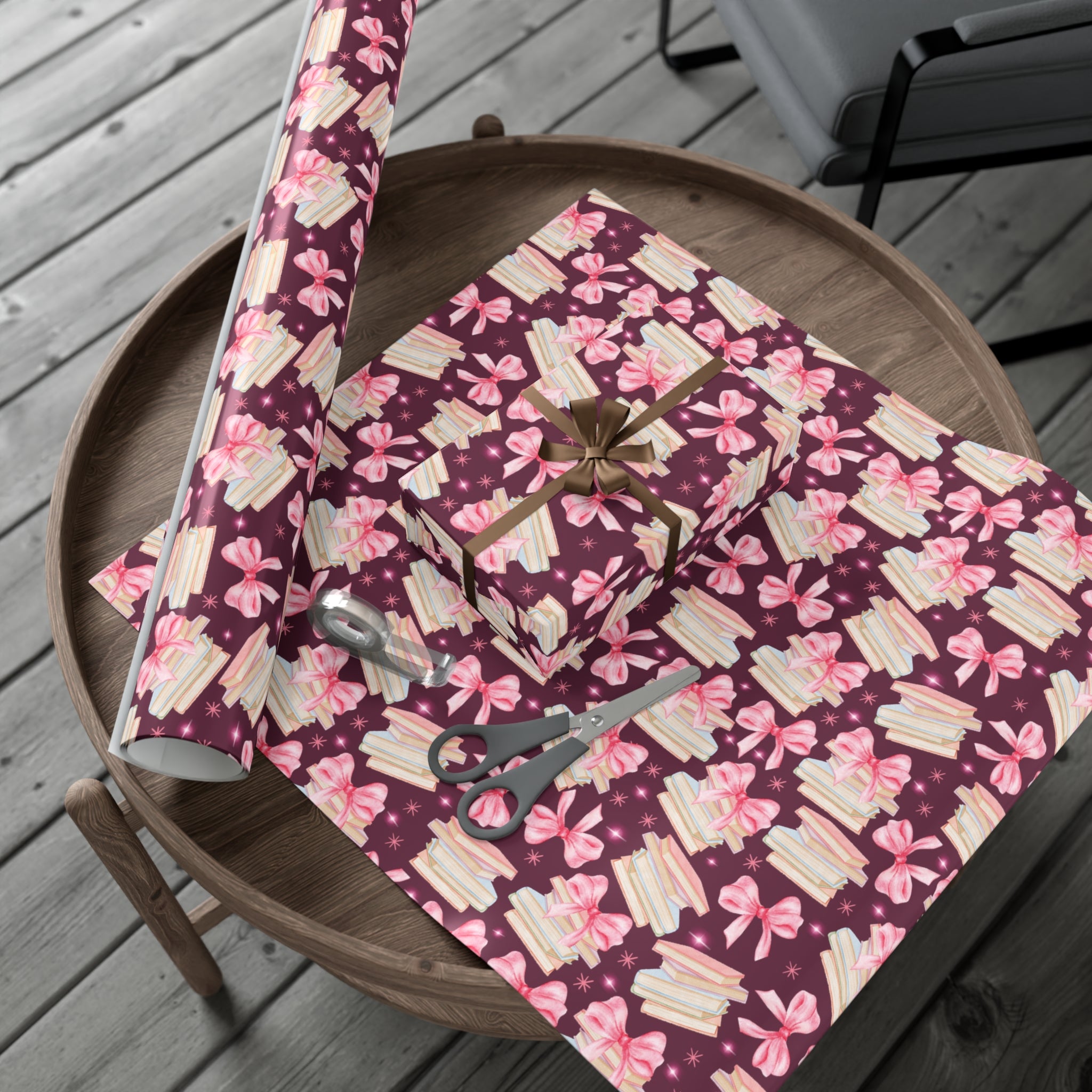 Coquette Pink Bows Books Plum Wrapping Paper Festive Holiday Gift Wrap with Perfect for Christmas Presents, Crafting, & Holiday Decor – Premium Quality - MRSBYVALLE