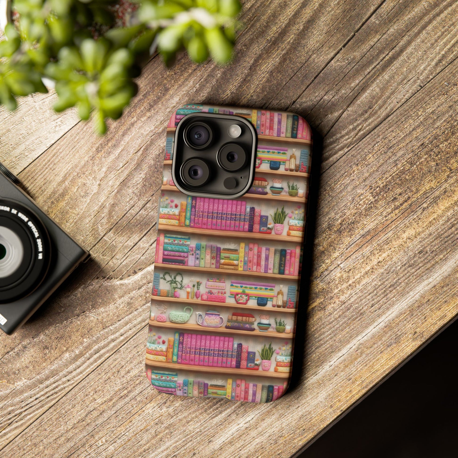 Whimsical 3D Embroidery Illusion Books on Pastel Shelves Phone Case for iPhone, Samsung & Pixel: Unique Accessory for Literary Enthusiasts Gift for Her Perfect for Floral Lover