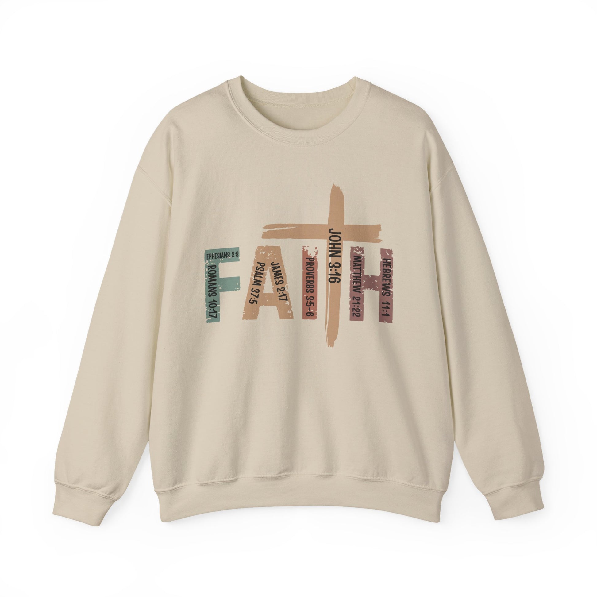 Beige sweatshirt with 'FAITH' design on a white background